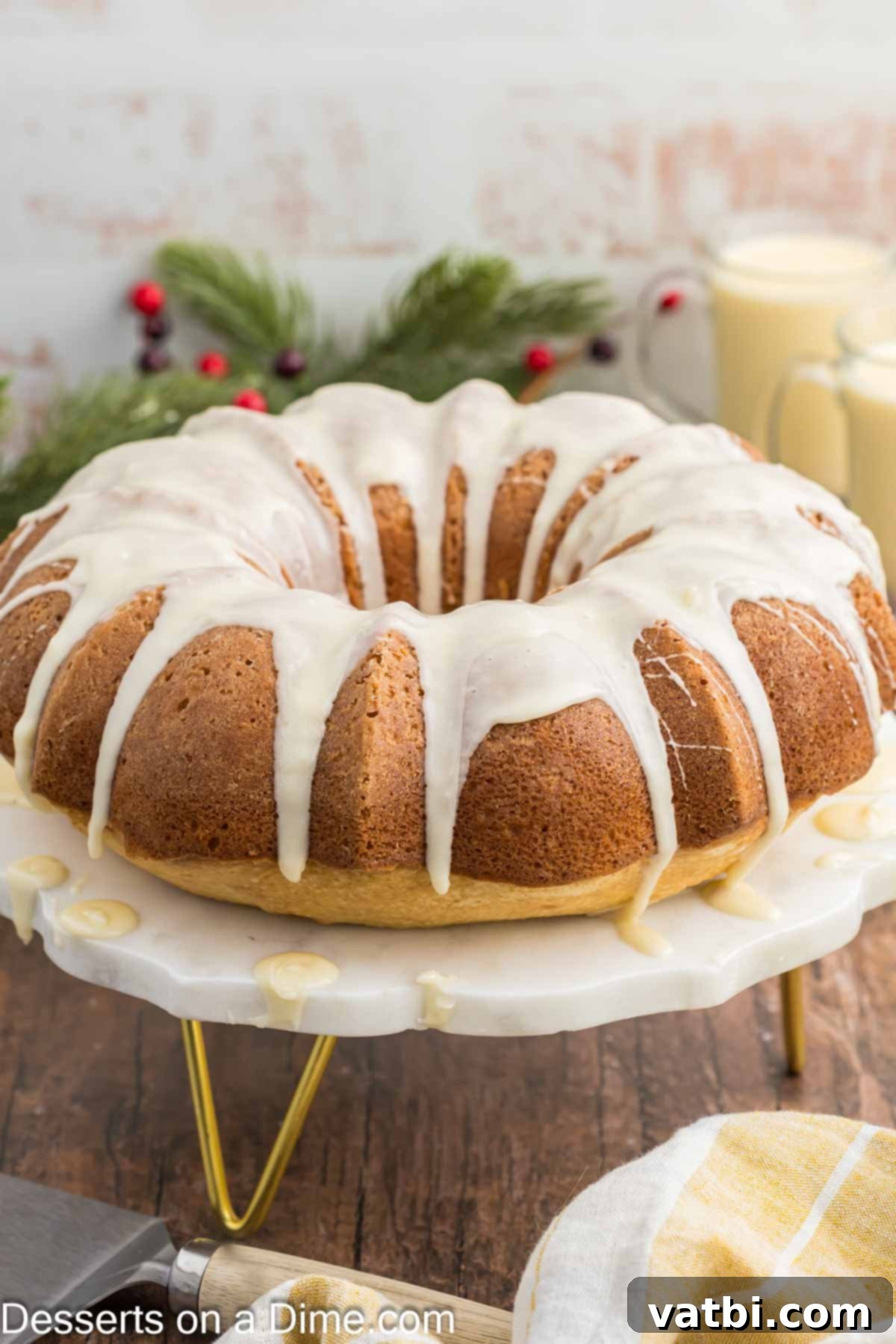 Eggnog cake with glaze topping. 