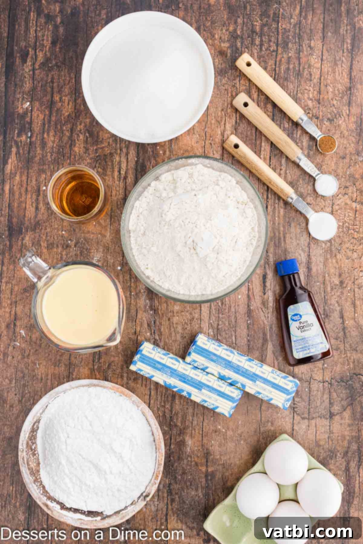 Ingredients for Eggnog Cake - flour, nutmeg, butter, eggs, vanilla, eggnog, rum or brandy. 