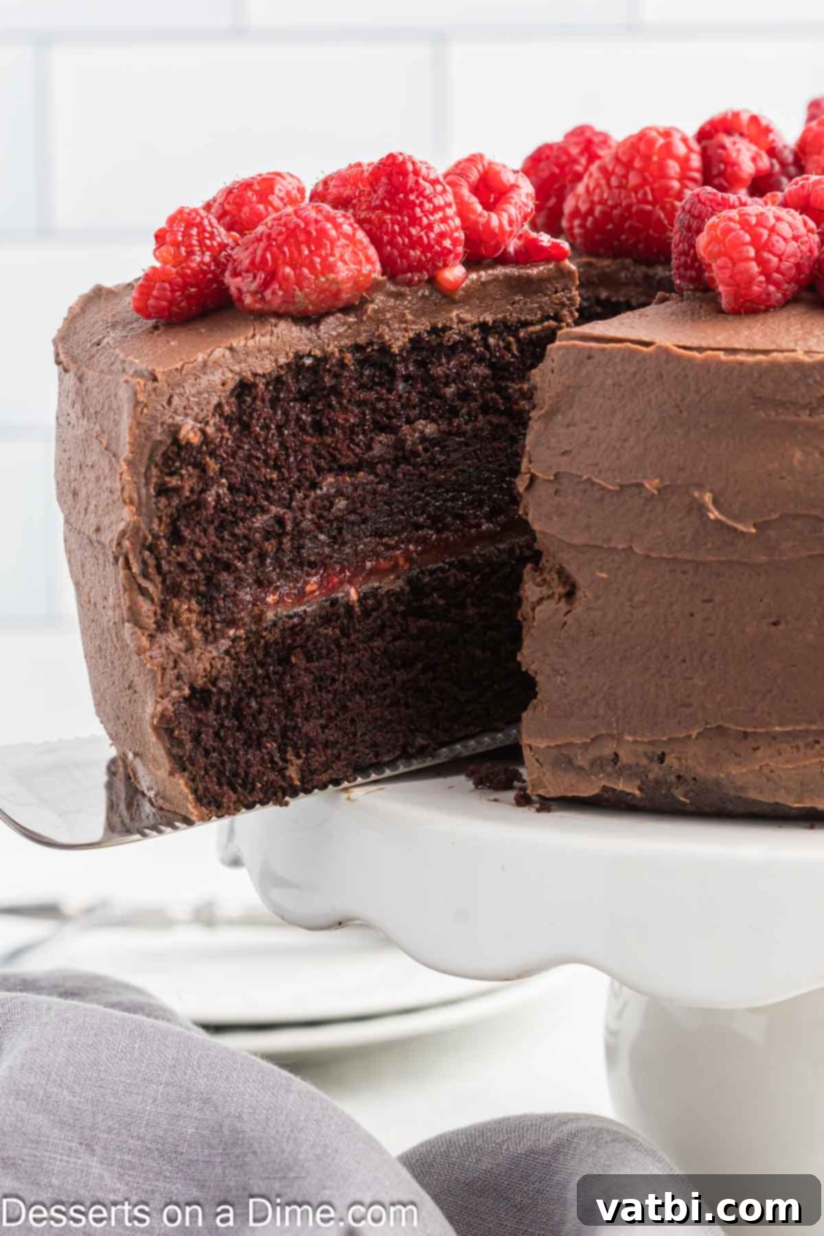Decadent Chocolate Raspberry Cake 2 A slice of Chocolate Raspberry Cake revealing its moist layers and vibrant frosting, with fresh raspberries on top.