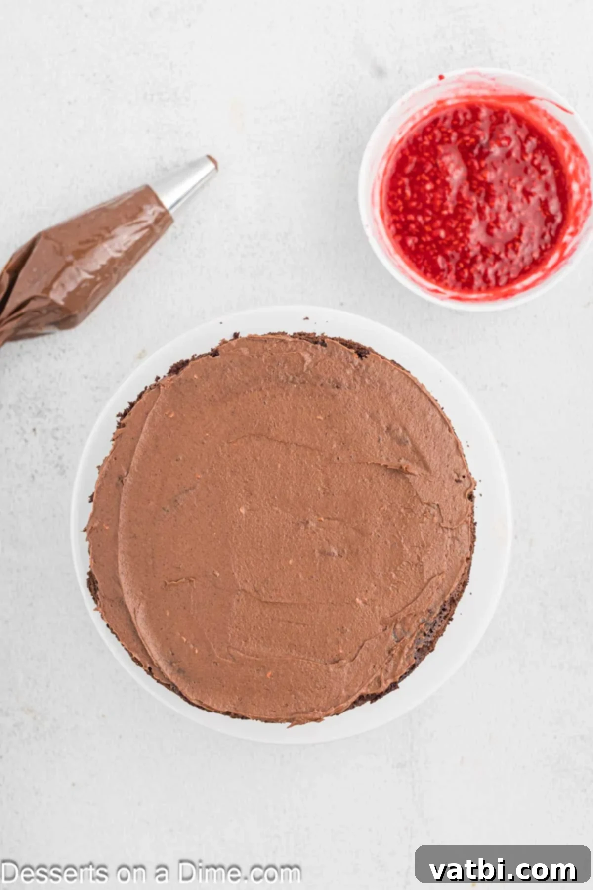 Decadent Chocolate Raspberry Cake 13 The first layer of chocolate cake on a serving platter, topped with a thin layer of chocolate frosting and a piped border of frosting.