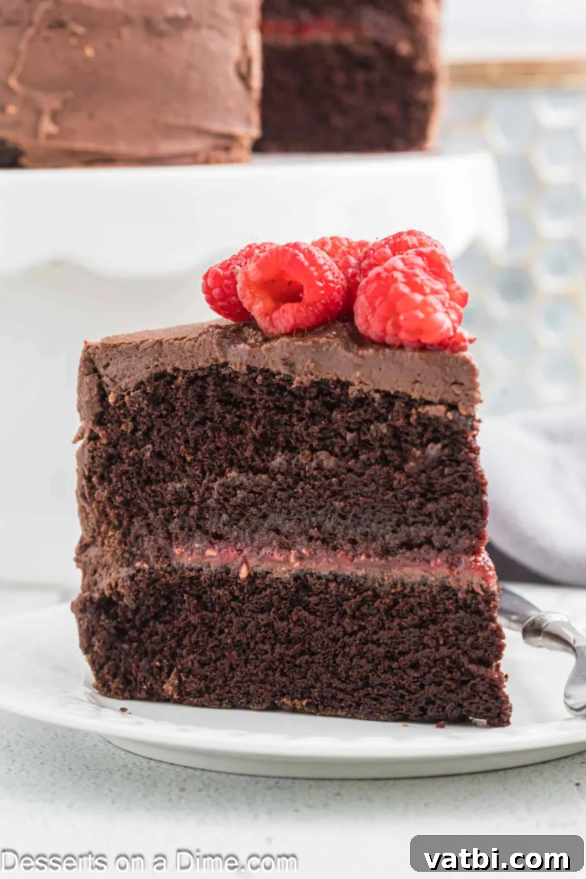 Decadent Chocolate Raspberry Cake 16 A perfectly sliced piece of Chocolate Raspberry Cake on a plate, showing the distinct layers and delicious filling.
