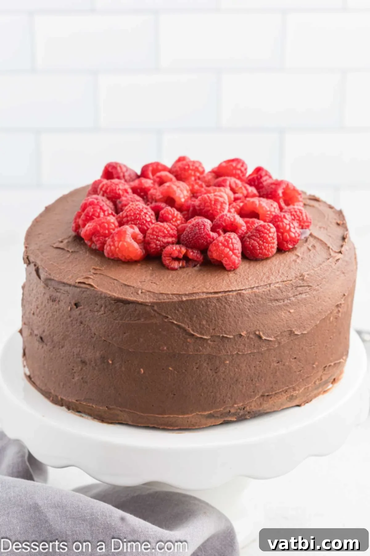Decadent Chocolate Raspberry Cake 17 A stunning Chocolate Raspberry Cake displayed on a cake stand, ready to be enjoyed.