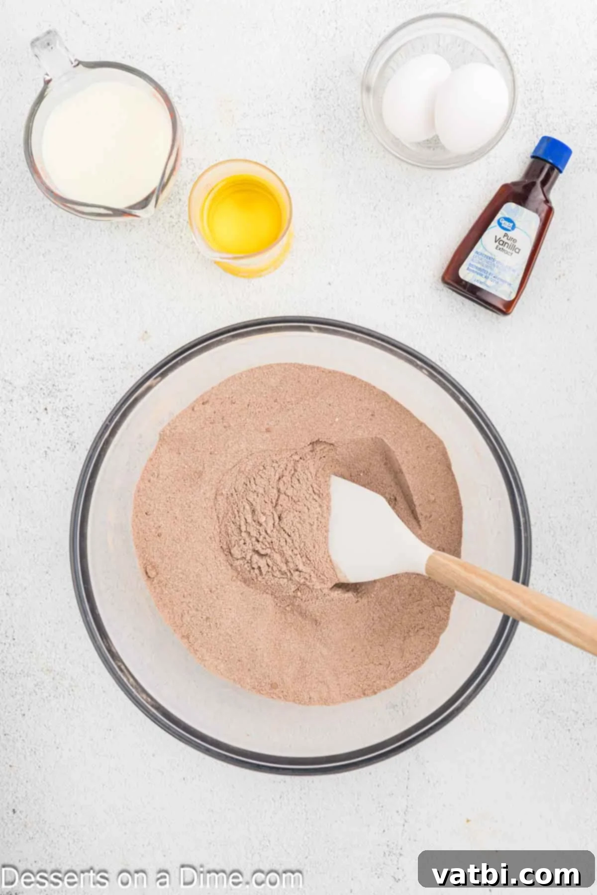 Decadent Chocolate Raspberry Cake 4 Dry ingredients for chocolate cake being combined together in a large mixing bowl.