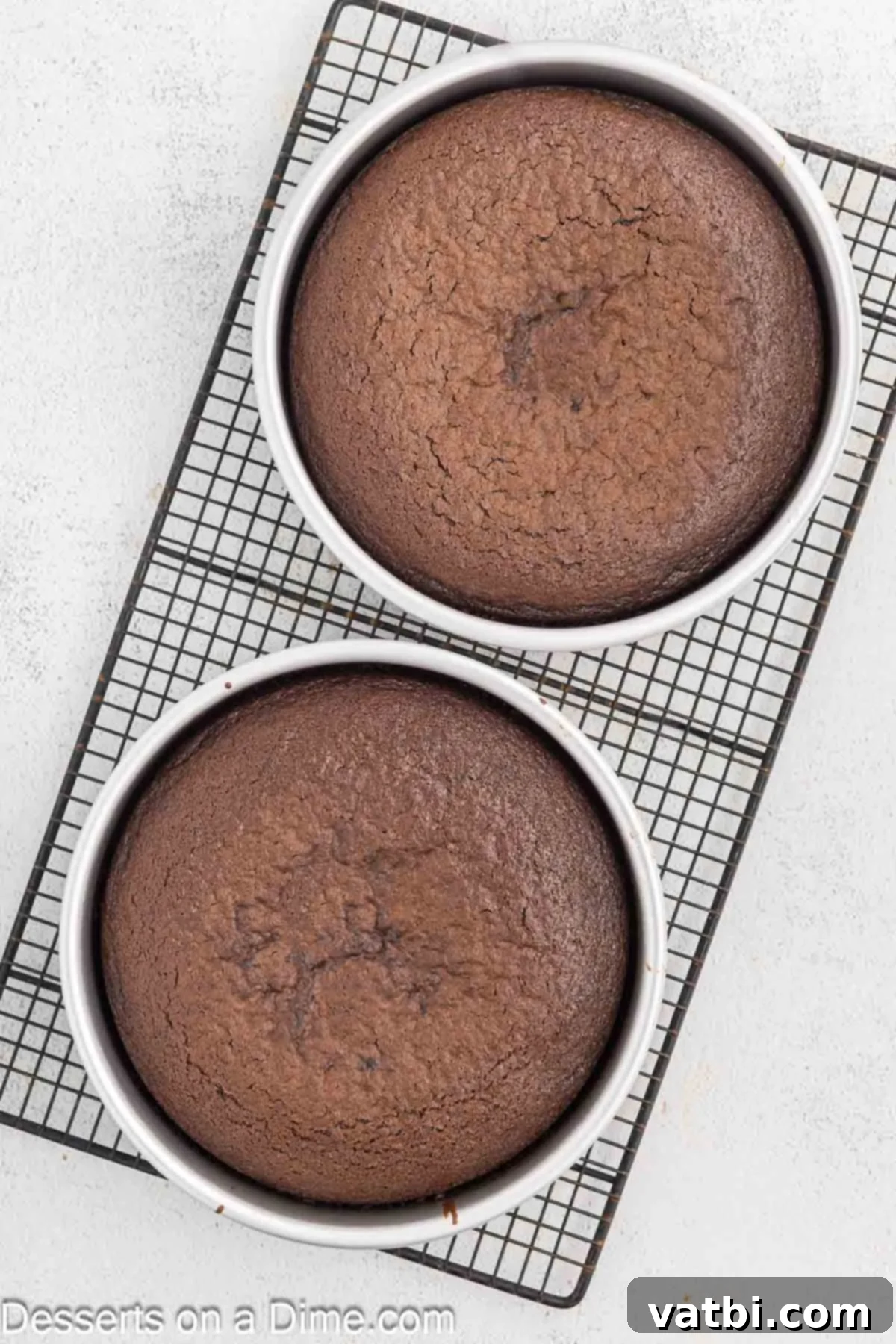 Decadent Chocolate Raspberry Cake 8 Baked chocolate cake layers cooling on wire racks after being removed from the pans.