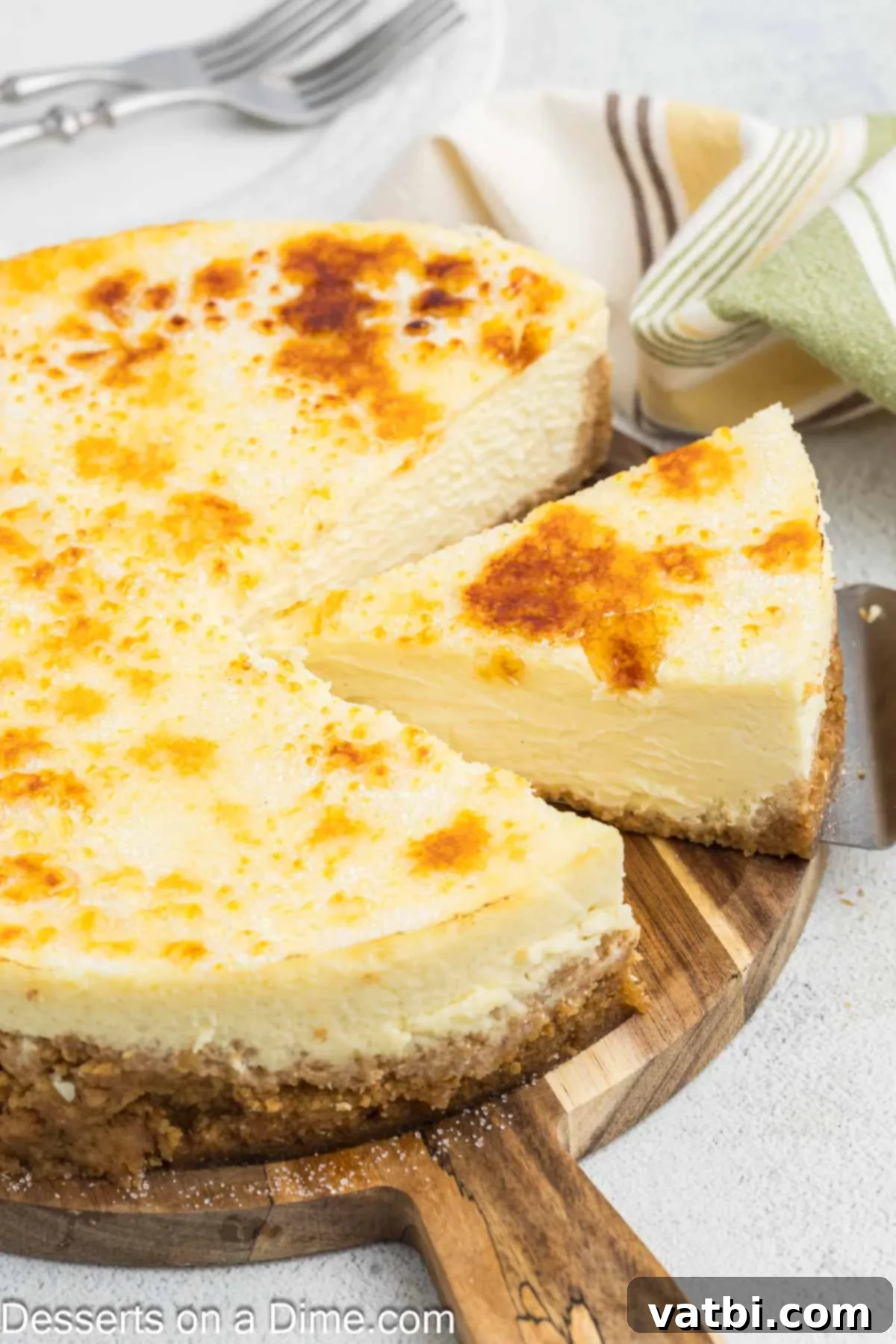 Golden Crown Cheesecake 13 A beautiful slice of Cheesecake Brulee being carefully removed from the full cake, ready to be served and enjoyed.