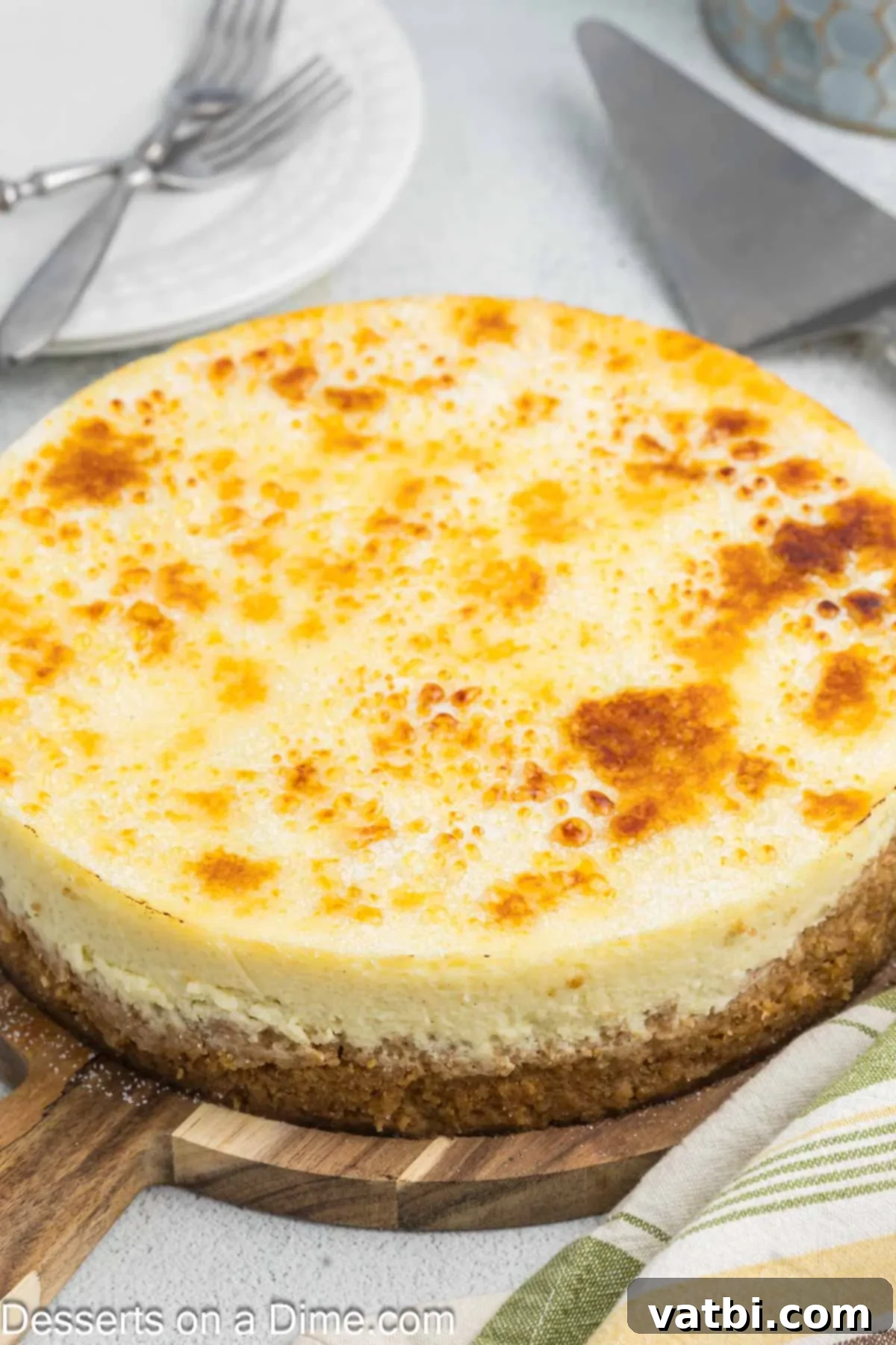 Golden Crown Cheesecake 14 A whole Cheesecake Brulee, freshly torched with a golden, crisp caramelized sugar topping, ready to be sliced and enjoyed.
