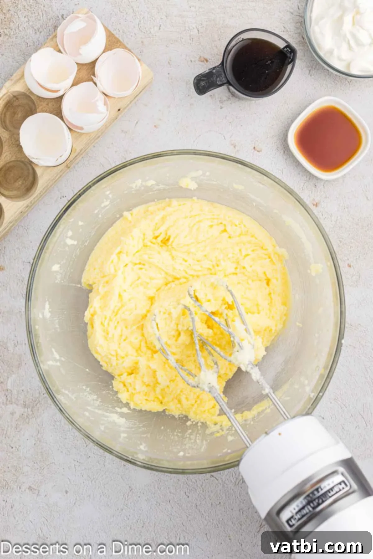 Decadent Chocolate Pound Cake 4 Creamy, light yellow butter and white granulated sugar are thoroughly beaten together in the bowl of a stand mixer, creating a fluffy texture.