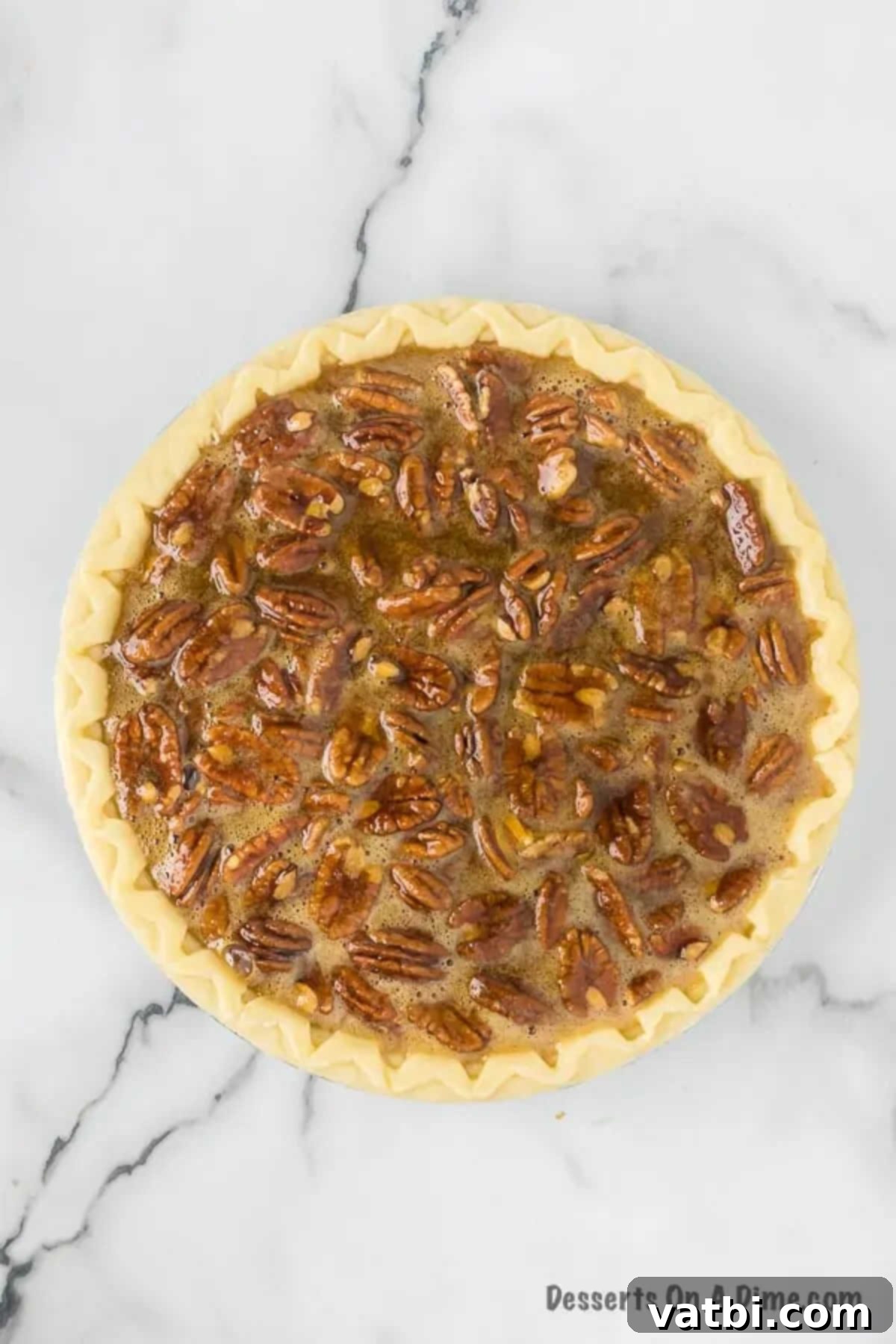 Effortless Pecan Pie Perfection 6 Mixture poured into crust.