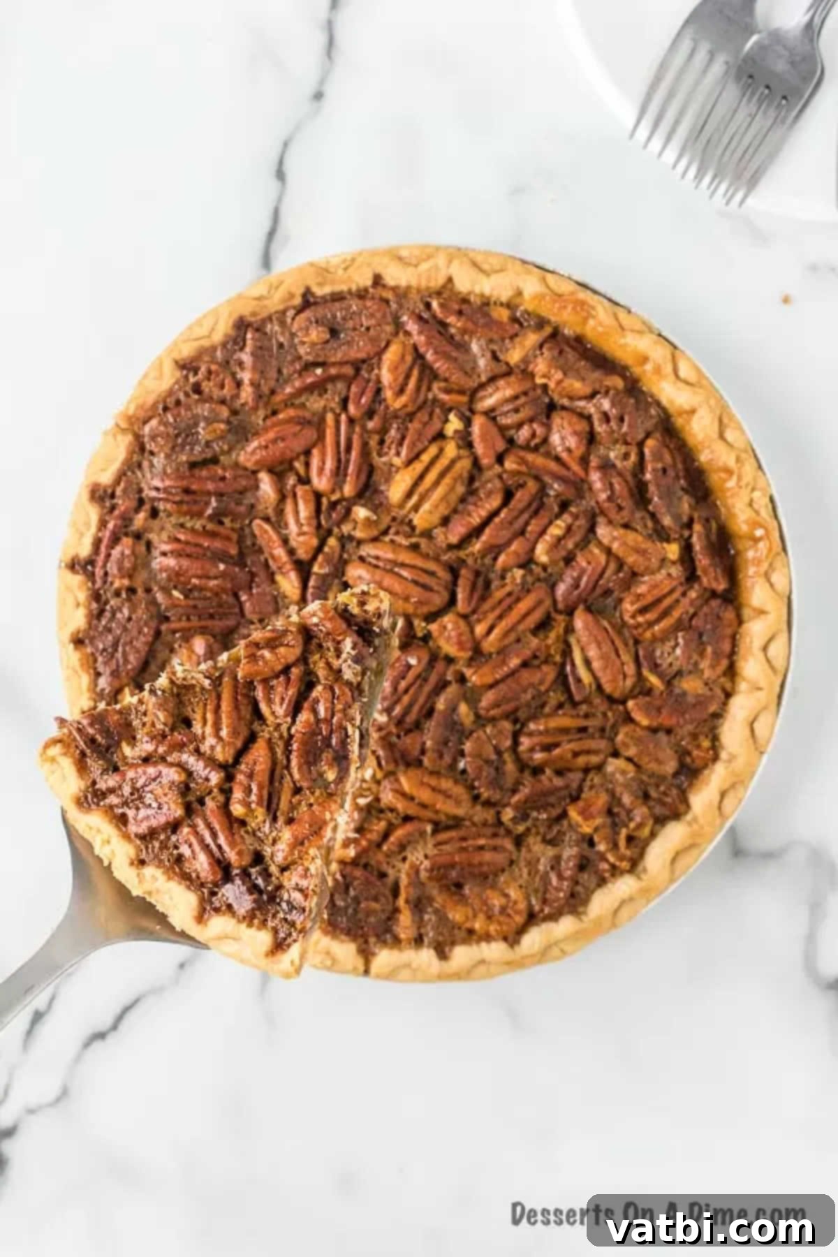 Effortless Pecan Pie Perfection 8 Pecan pie in a pie pan with a serving on a spatula