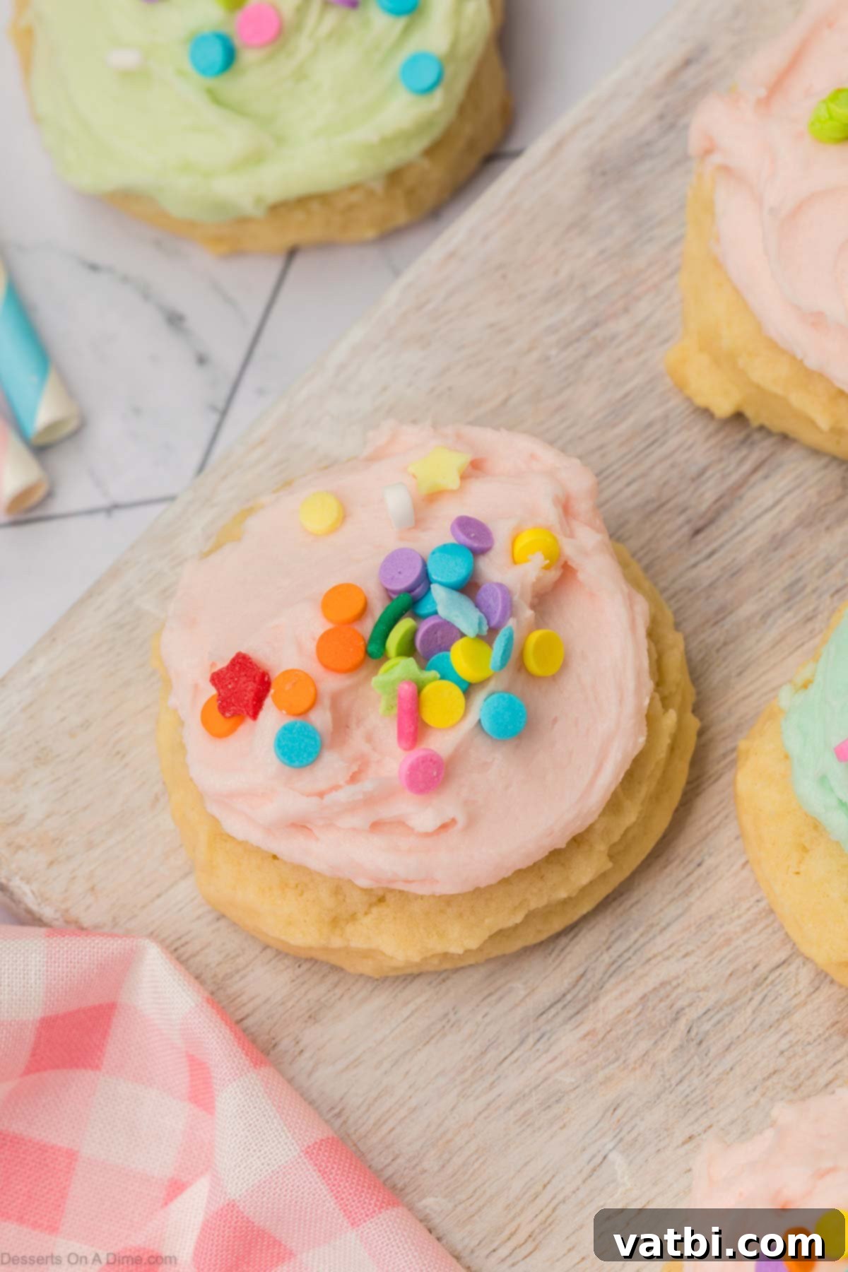 Soft Sour Cream Sugar Cookies 2 Soft and cakey Sour Cream Sugar Cookies with creamy buttercream frosting and colorful sprinkles.