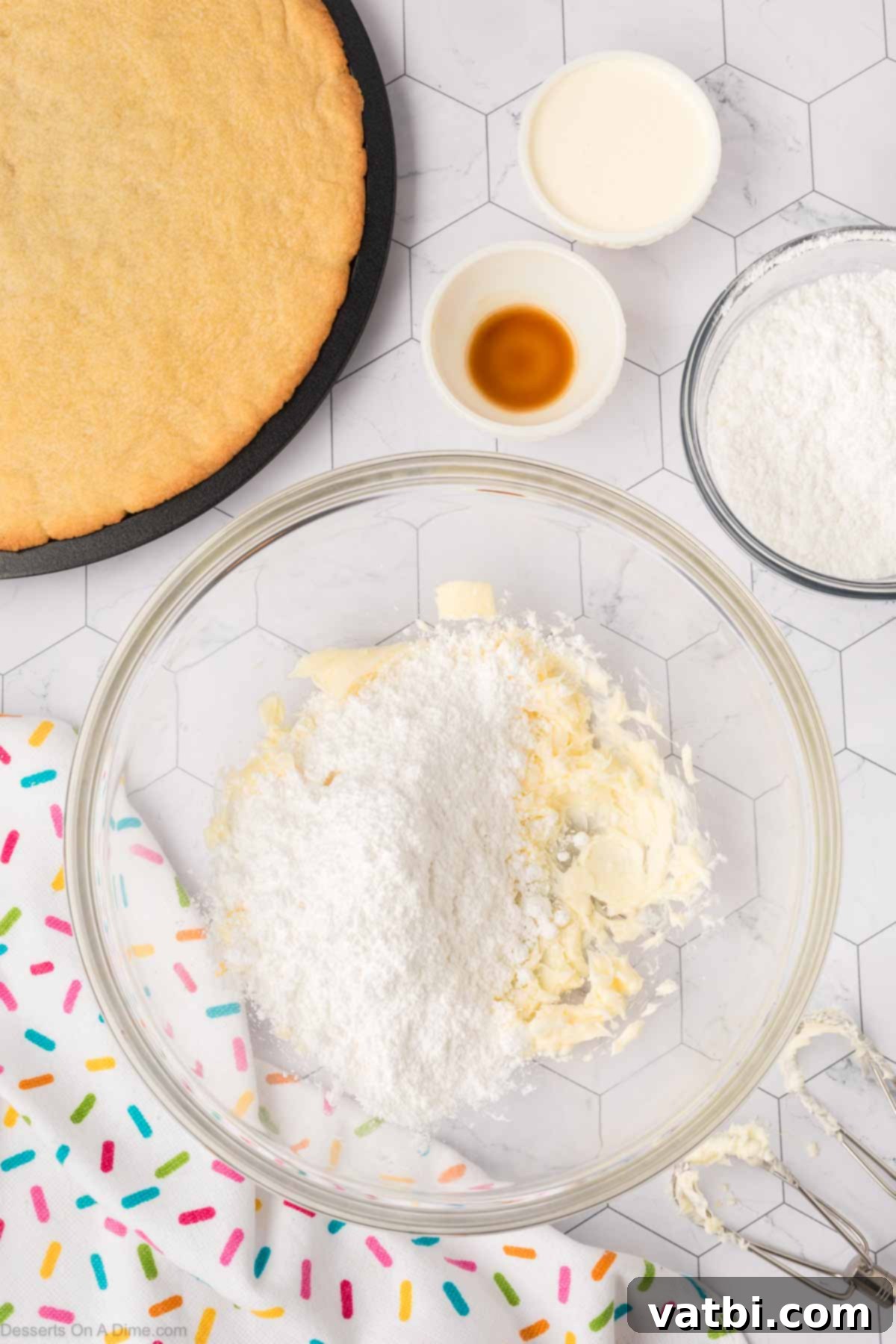 Perfect Sugar Cookie Cake 11 Butter in a mixing bowl after being beat and powdered sugar added.