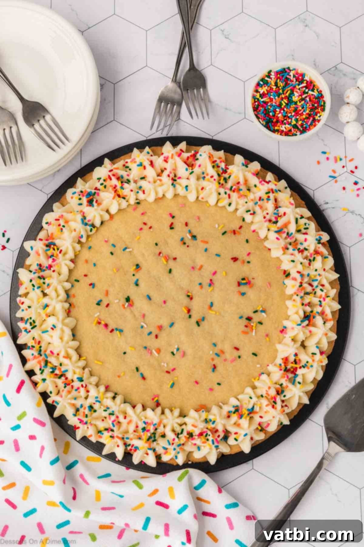 Perfect Sugar Cookie Cake 14 Cookie Cake with icing and sprinkles on top.