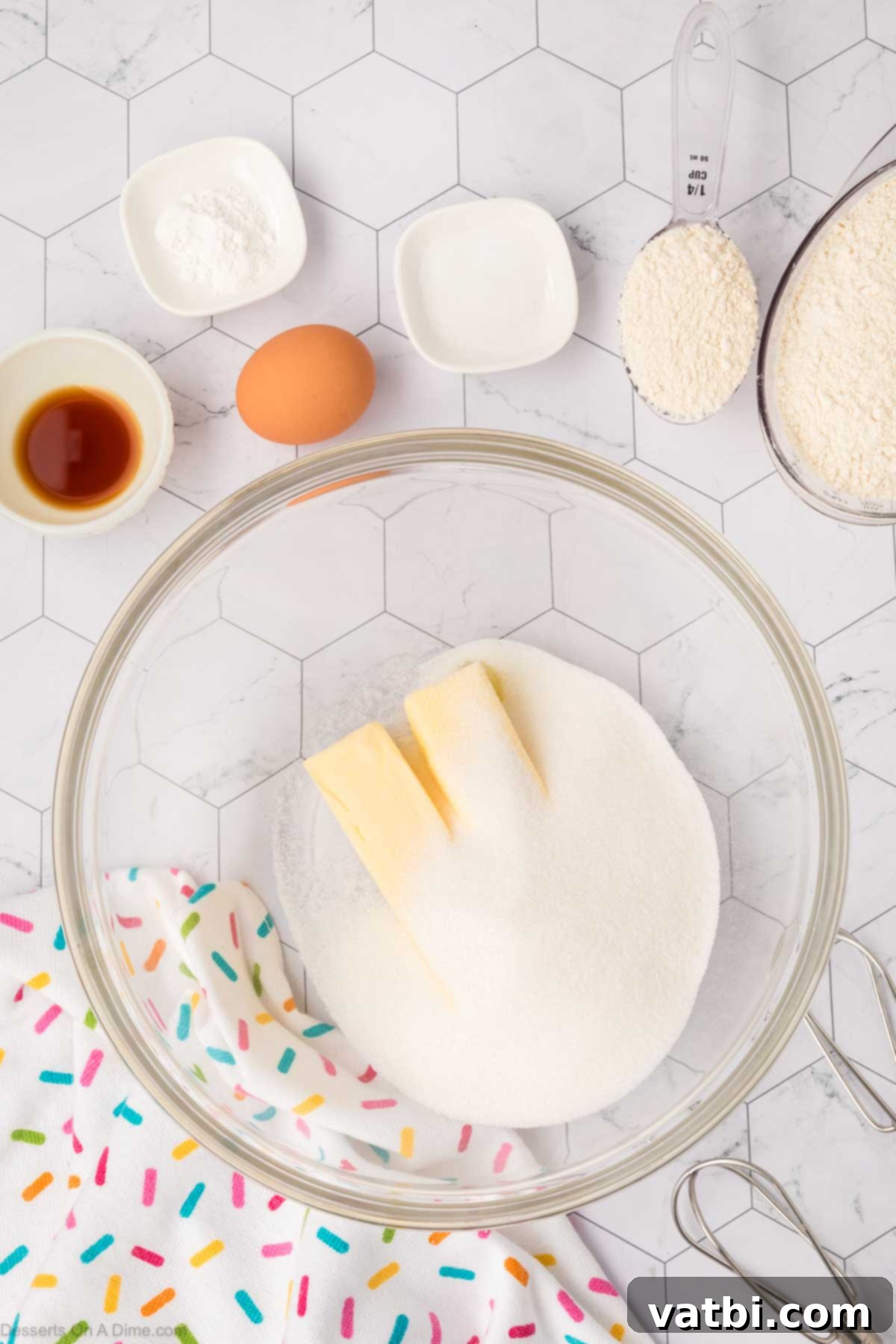 Perfect Sugar Cookie Cake 5 Sugar and butter combined in a bowl.