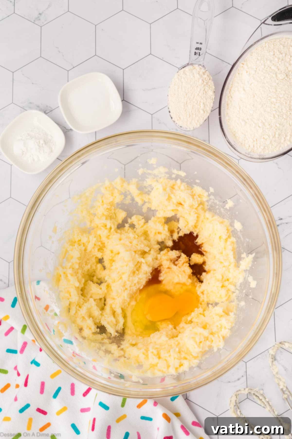 Perfect Sugar Cookie Cake 6 Mixing bowl with eggs and vanilla added.