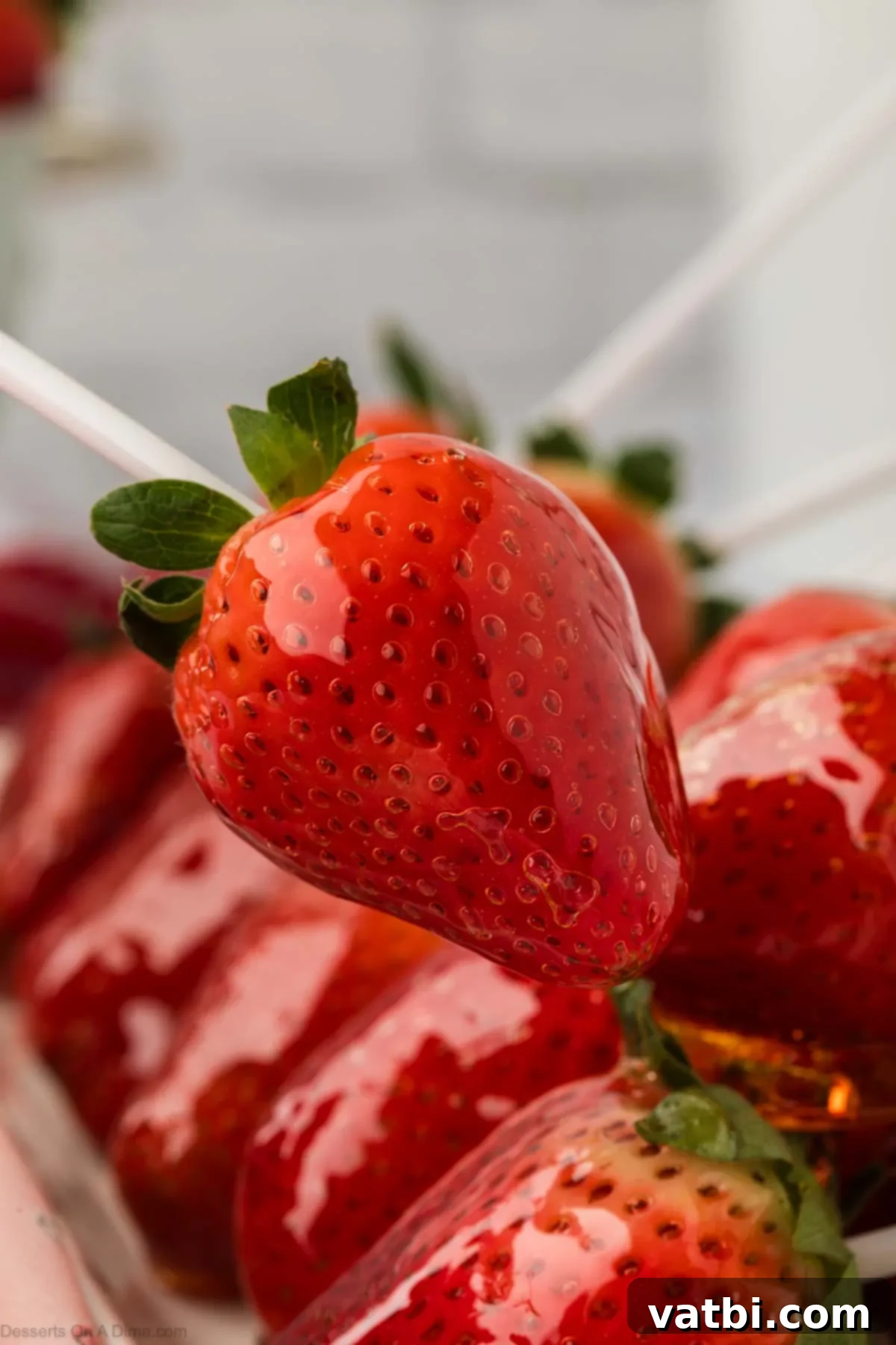 Glossy Strawberry Treats 8 A perfectly coated candied strawberry, ready to be eaten, showcasing its shiny, crunchy shell.