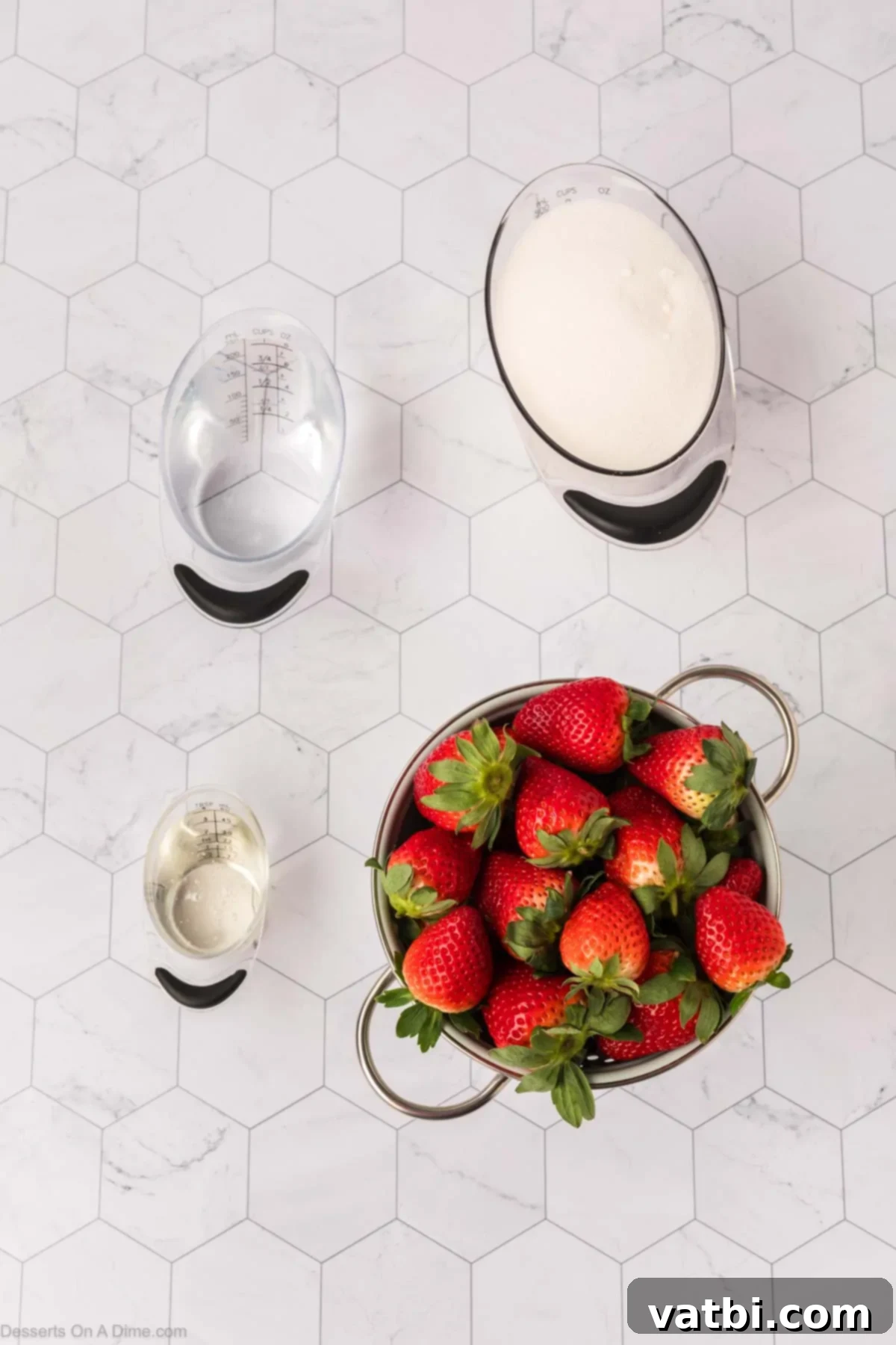 Glossy Strawberry Treats 3 Ingredients for Candied Strawberries - fresh strawberries, granulated sugar, corn syrup, water arranged on a counter.