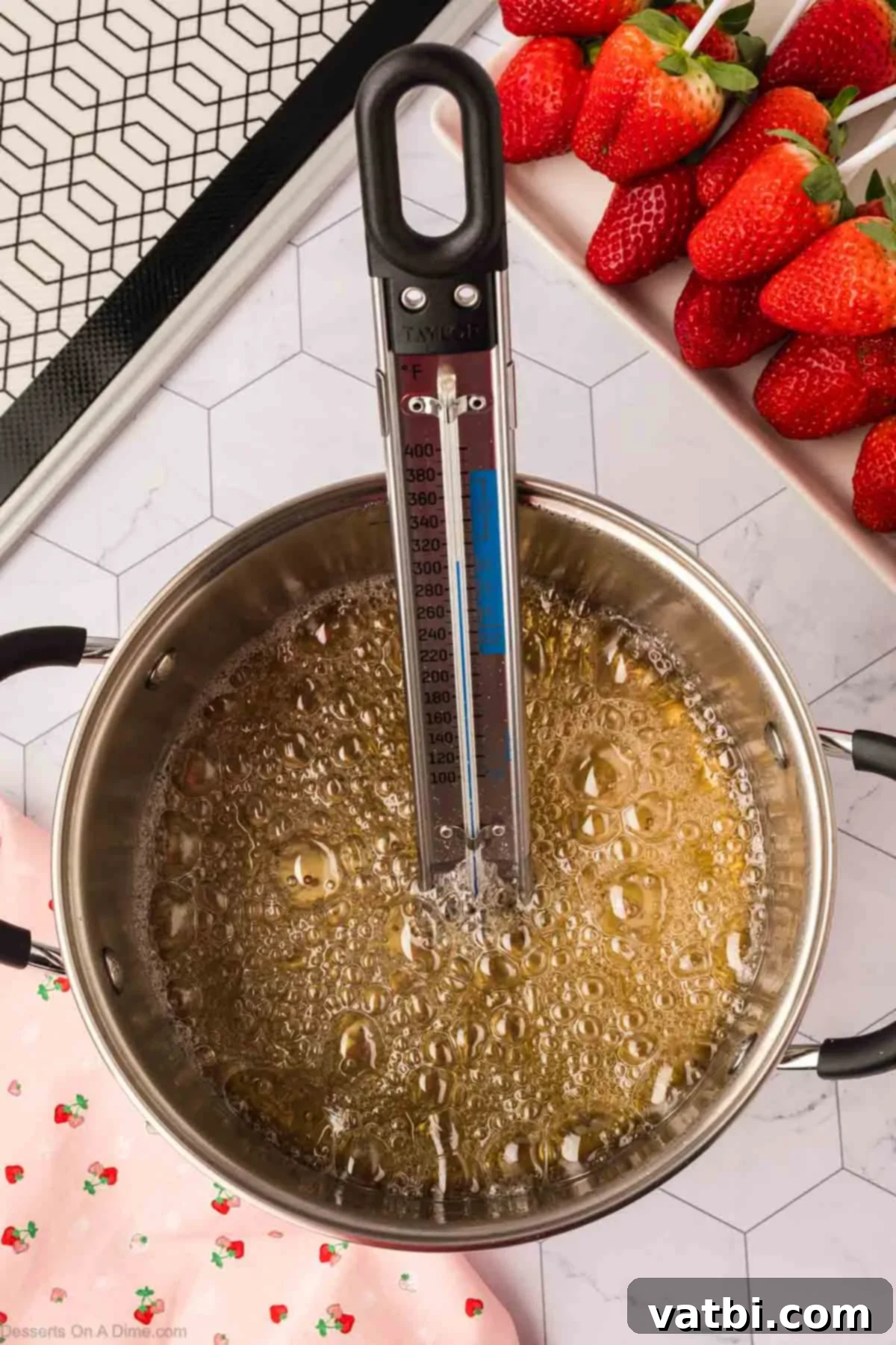 Glossy Strawberry Treats 5 Candy thermometer placed in the boiling sugar syrup mixture in a pan.
