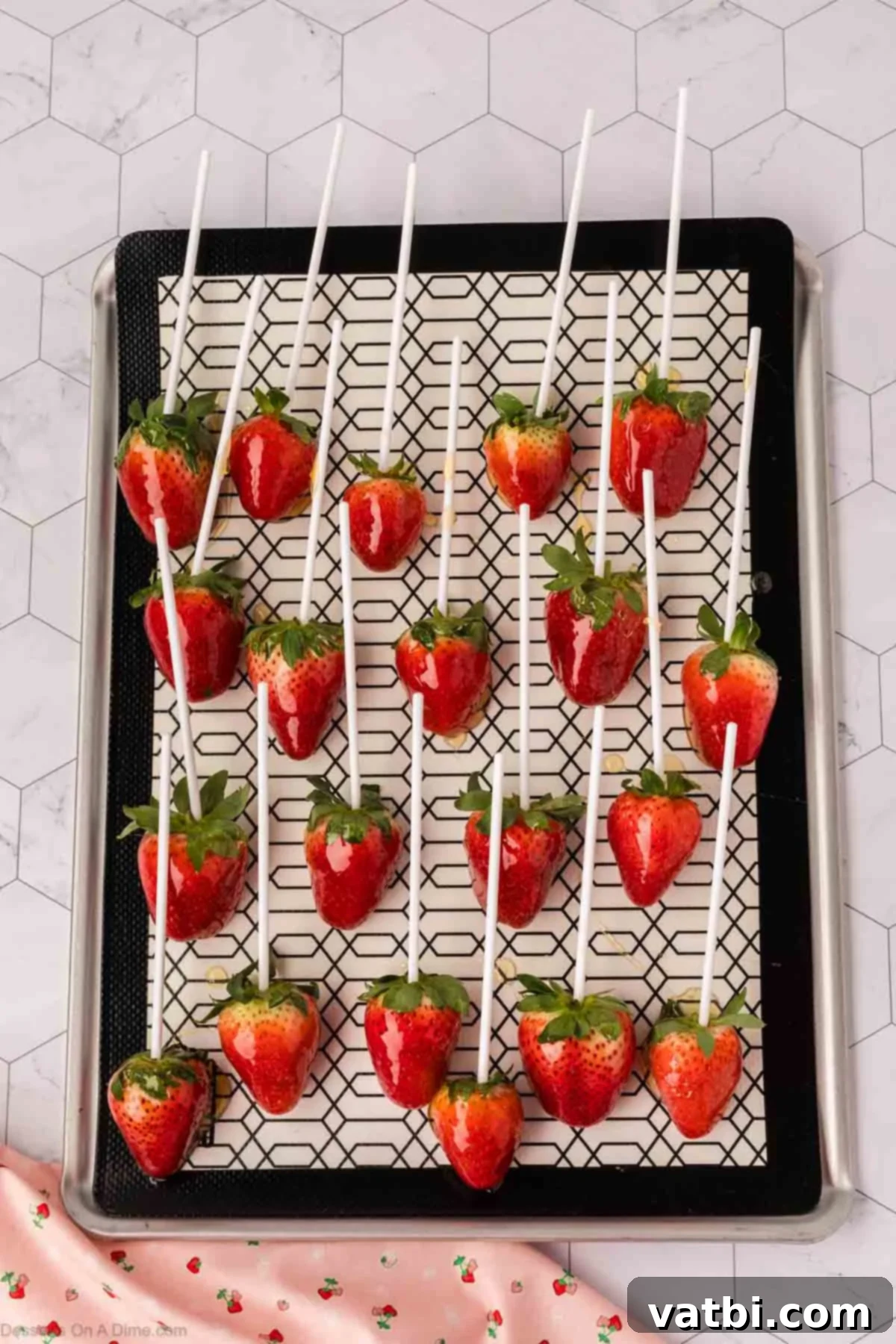 Glossy Strawberry Treats 7 Coated candied strawberries cooling and hardening on a baking sheet lined with a silicone mat.