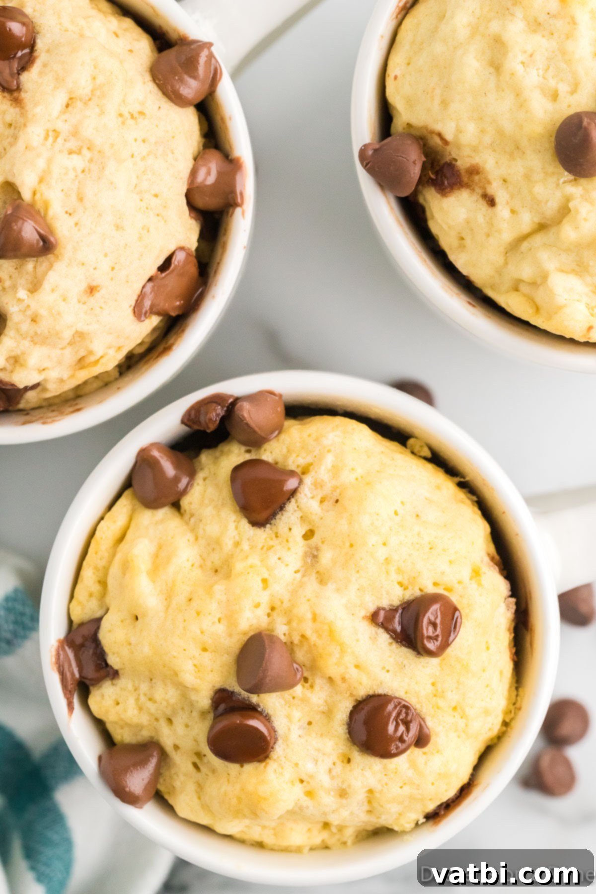 Guilt-Free Keto Chocolate Chip Mug Cake 2 Keto Chocolate Chip Mug Cake ready to enjoy, garnished with extra chocolate chips.