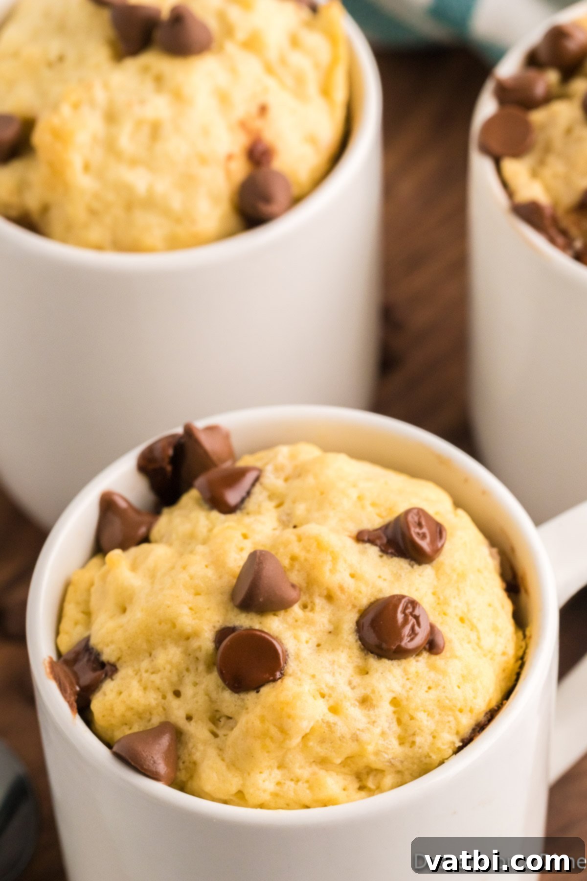 Guilt-Free Keto Chocolate Chip Mug Cake 8 Keto Chocolate Chip Mug Cake ready to enjoy, garnished with extra chocolate chips and a spoon.