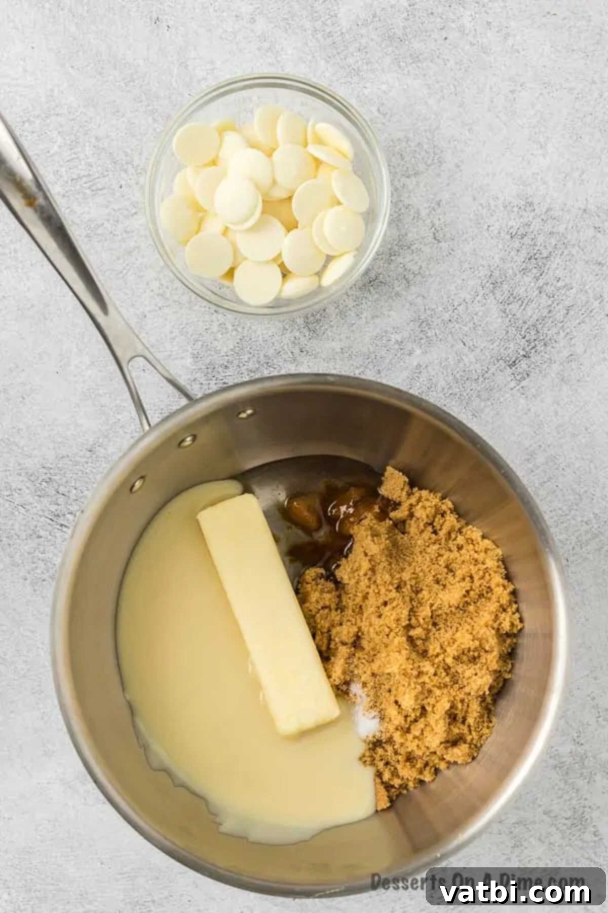 Homemade Salted Caramel Fudge 4 Step 1: Ingredients in a saucepan before heating for salted caramel fudge.