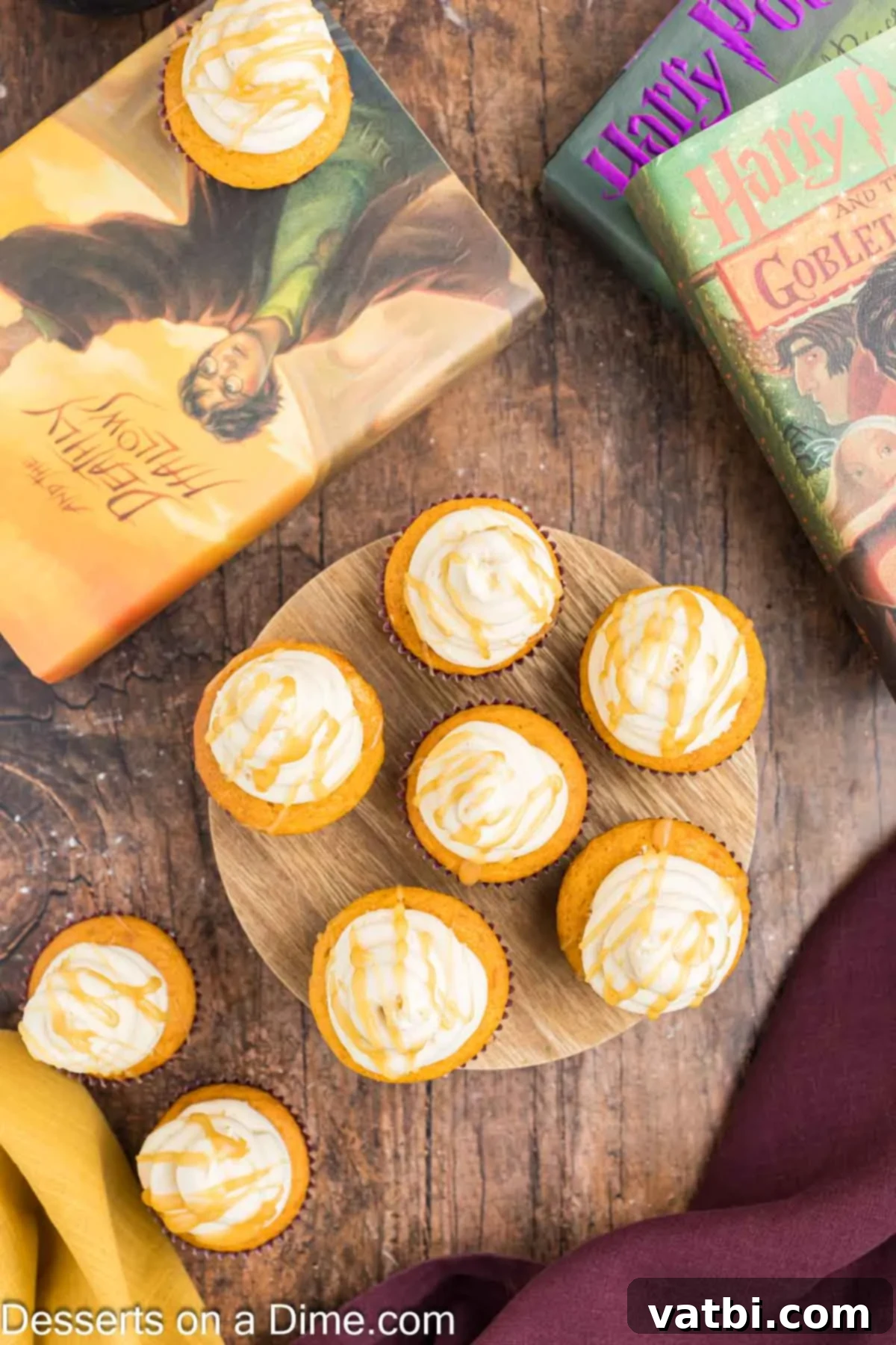 Magical Harry Potter Cupcakes 11 Baked and frosted Harry Potter Butterbeer cupcakes with a drizzle of butterscotch sauce on top.