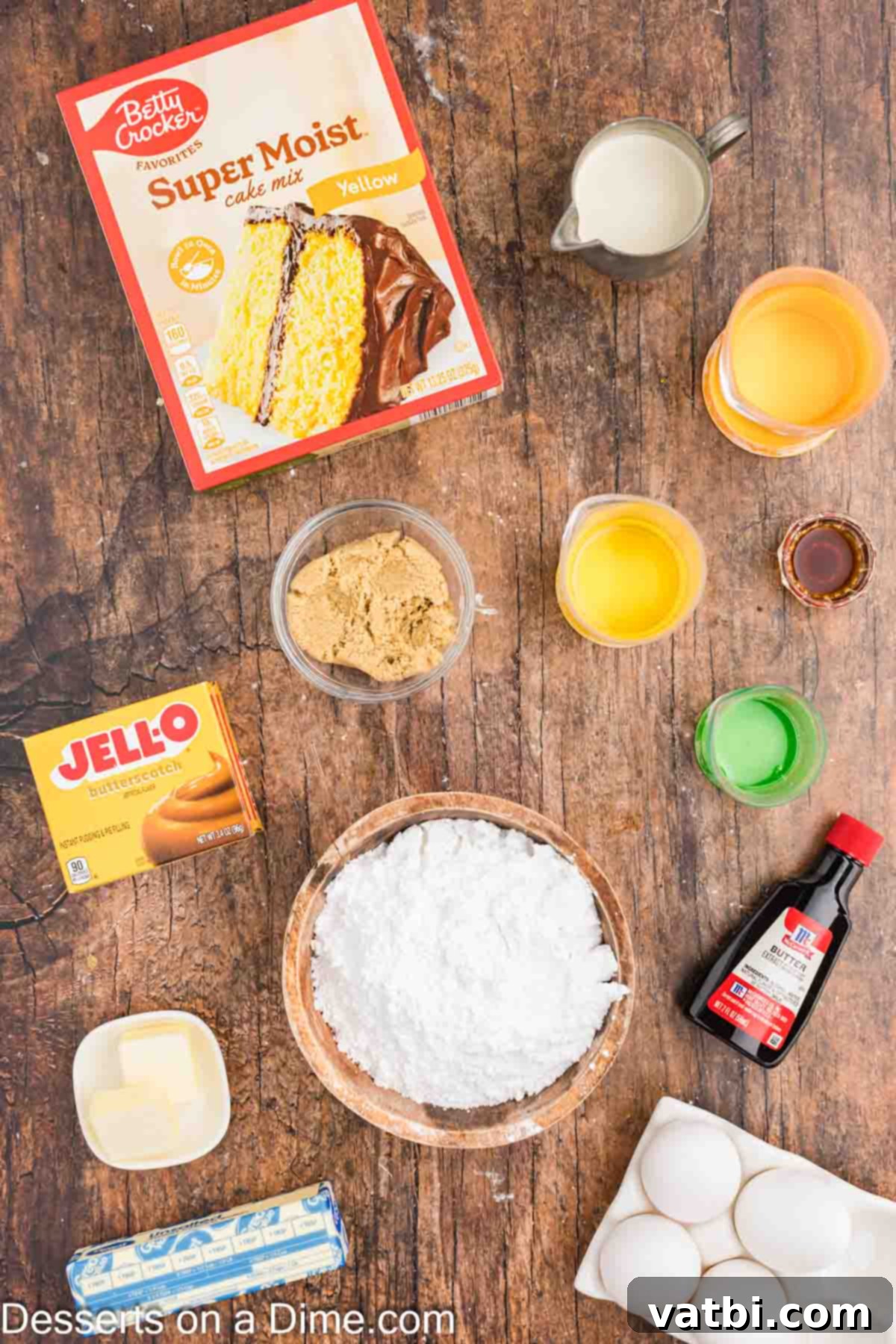 Magical Harry Potter Cupcakes 3 Ingredients for harry potter cupcakes including yellow cake mix, butterscotch pudding, eggs, vegetable oil, heavy cream, brown sugar, corn syrup, butter, vanilla, salt, powdered sugar.
