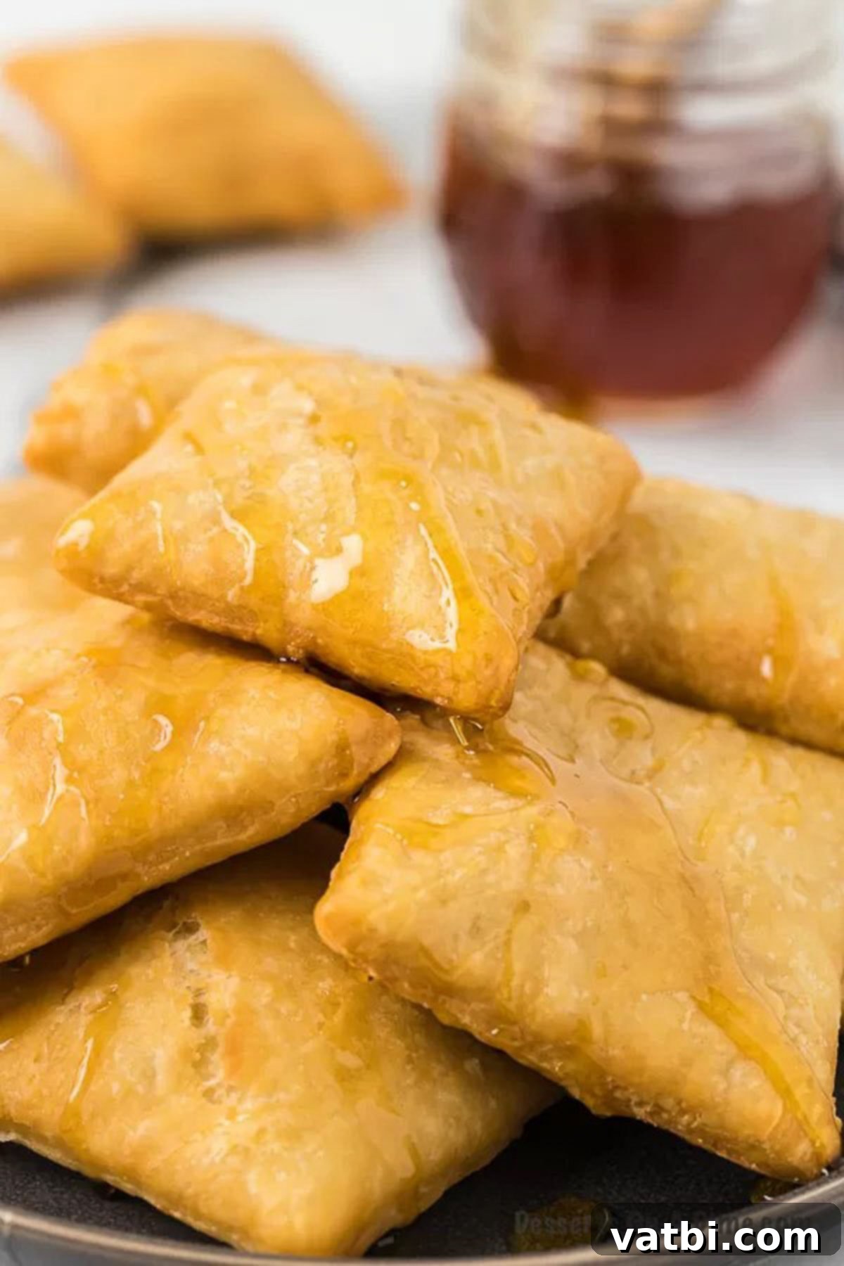 Golden & Fluffy Sopapillas: The Perfect Sweet Treat 11 Freshly fried sopapillas on a plate, drizzled with honey.