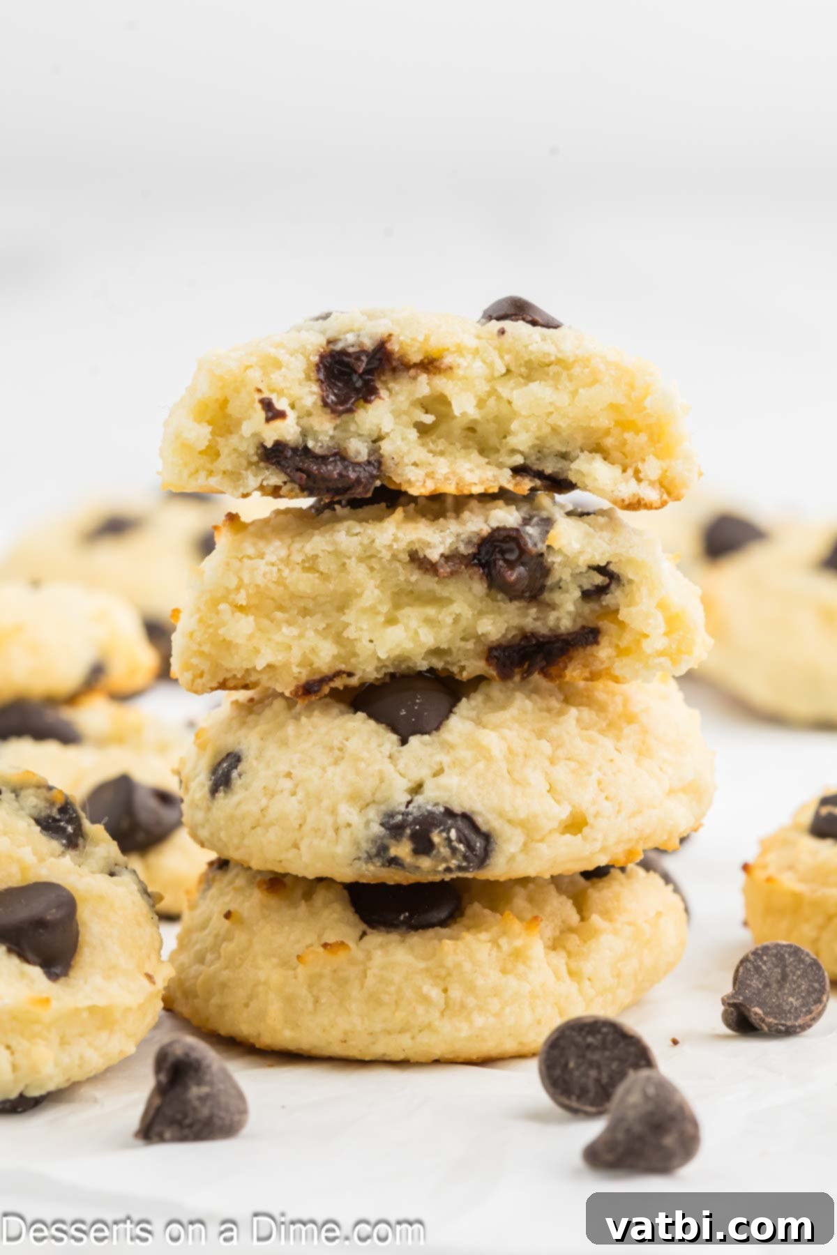 Wholesome Cottage Cheese Cookies 2 Freshly baked high-protein cottage cheese chocolate chip cookies on a cooling rack.