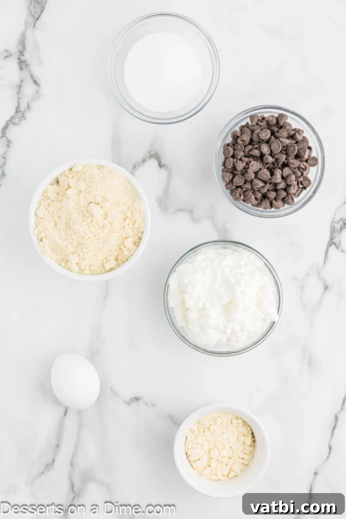 Wholesome Cottage Cheese Cookies 3 Ingredients for cottage cheese cookies, including cottage cheese, egg, monk fruit sweetener, almond flour, vanilla protein powder, and sugar-free chocolate chips, laid out on a kitchen surface.