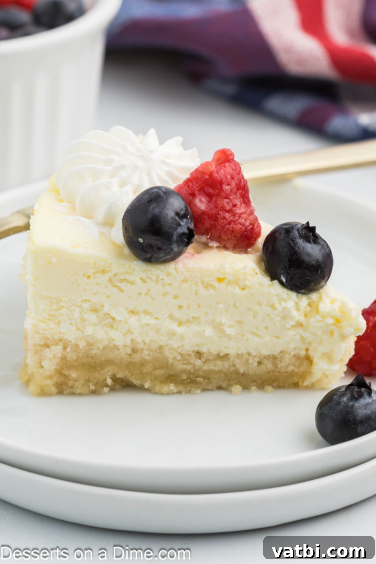 Rustic Farmhouse Cheesecake 9 A beautiful slice of cottage cheese cheesecake topped with fresh mixed berries and a dollop of whipped cream, ready to be savored.