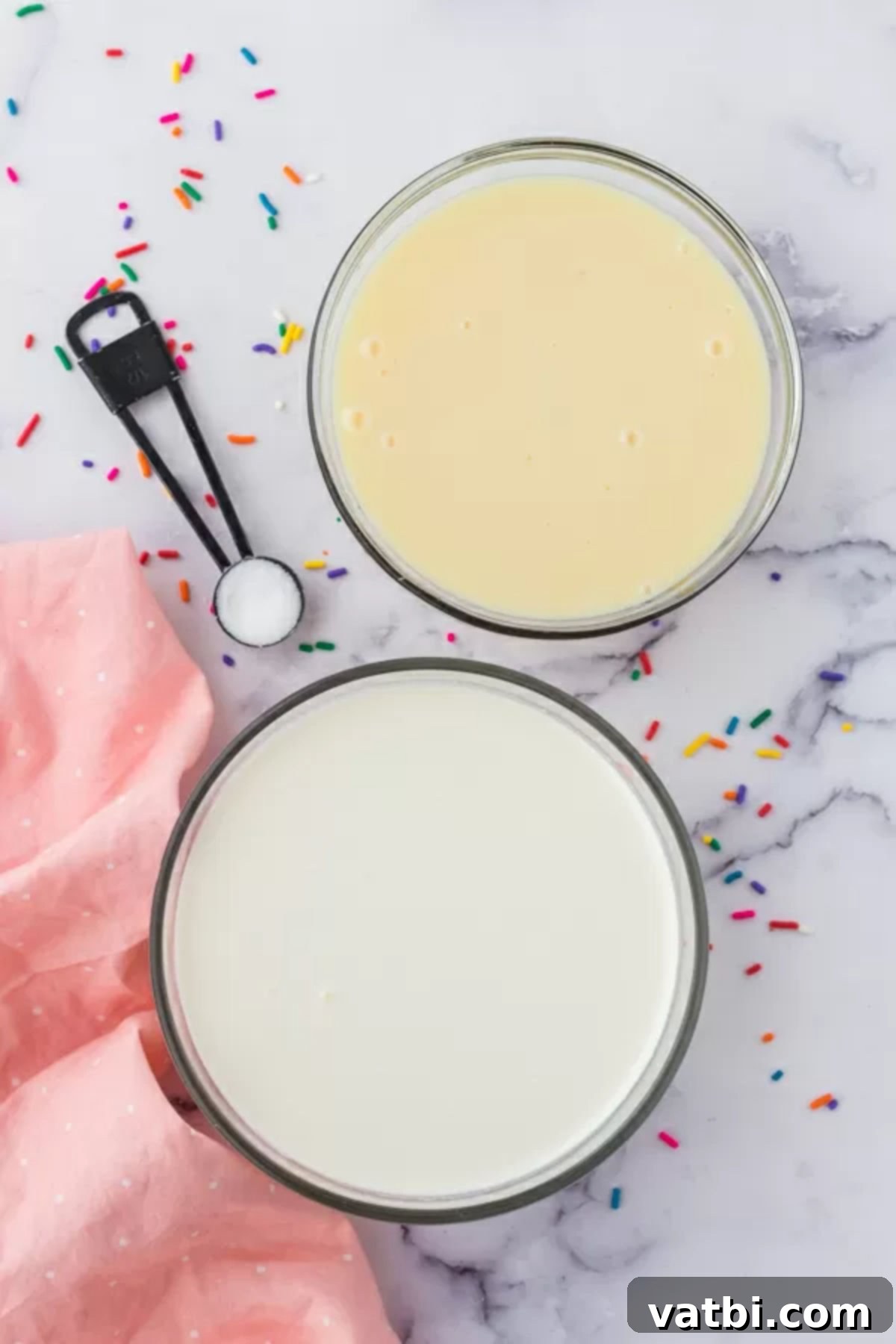 Homemade Rolled Ice Cream Fun 3 Ingredients for rolled ice cream recipe: a bowl of cold heavy cream and a can of sweetened condensed milk.