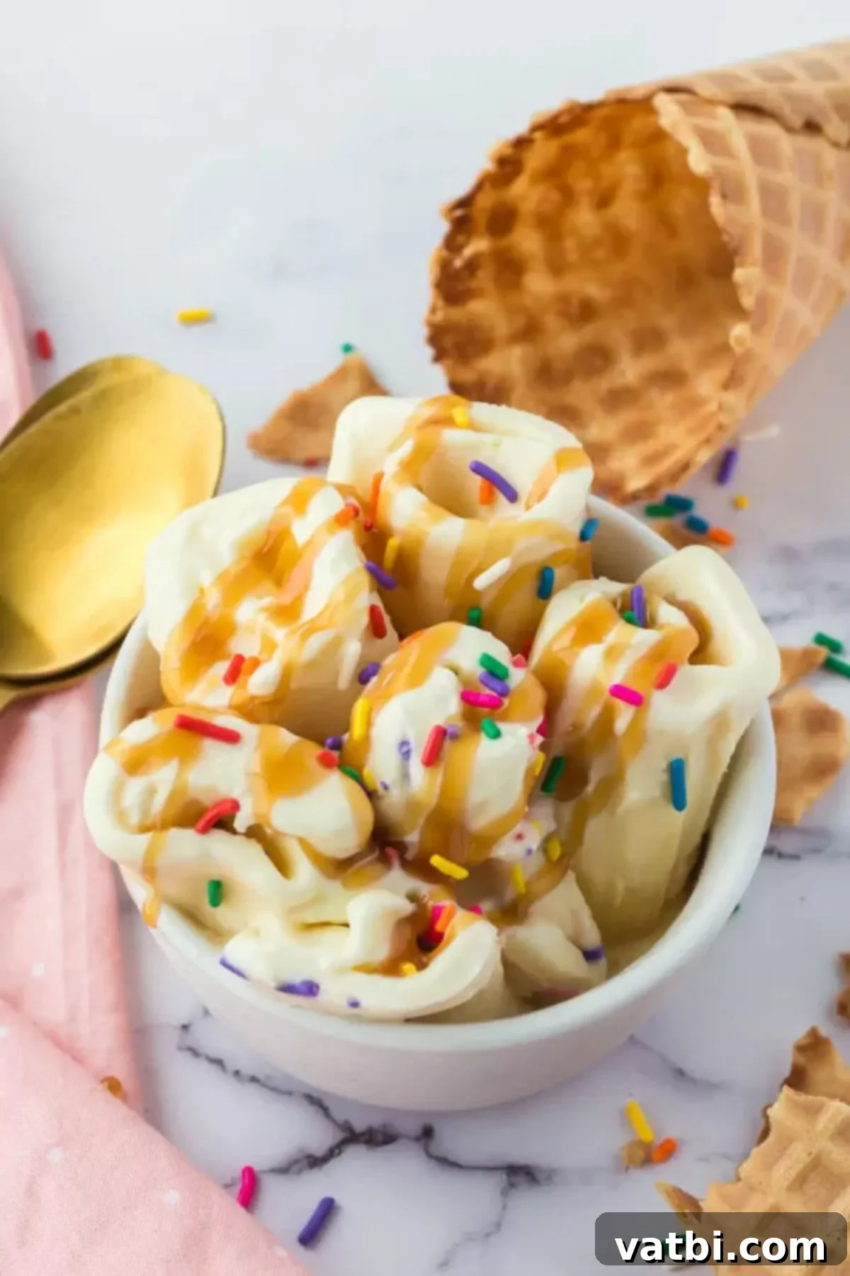 Homemade Rolled Ice Cream Fun 8 Rolled Ice cream in a bowl with sprinkles.
