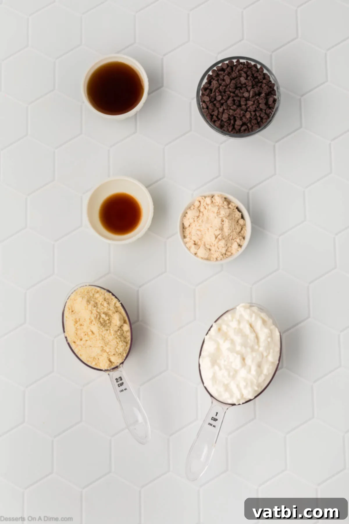 Cottage Cheese Cookie Dough Ingredients - cottage cheese, almond flour, vanilla protein powder, vanilla extract, maple syrup, mini chocolate chips. 