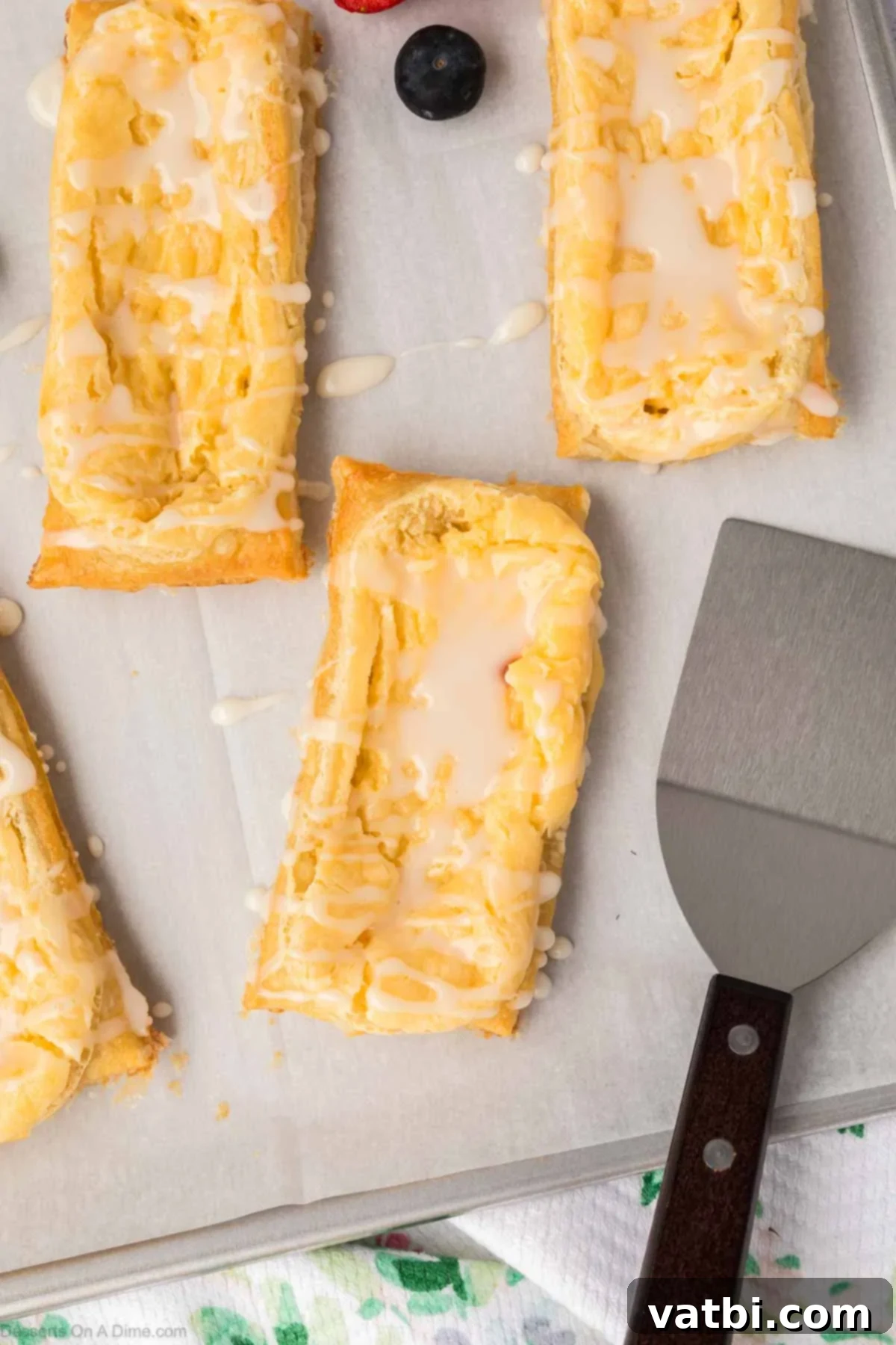 Heavenly Cream Cheese Danish 2 Cream Cheese danish on baking sheet.