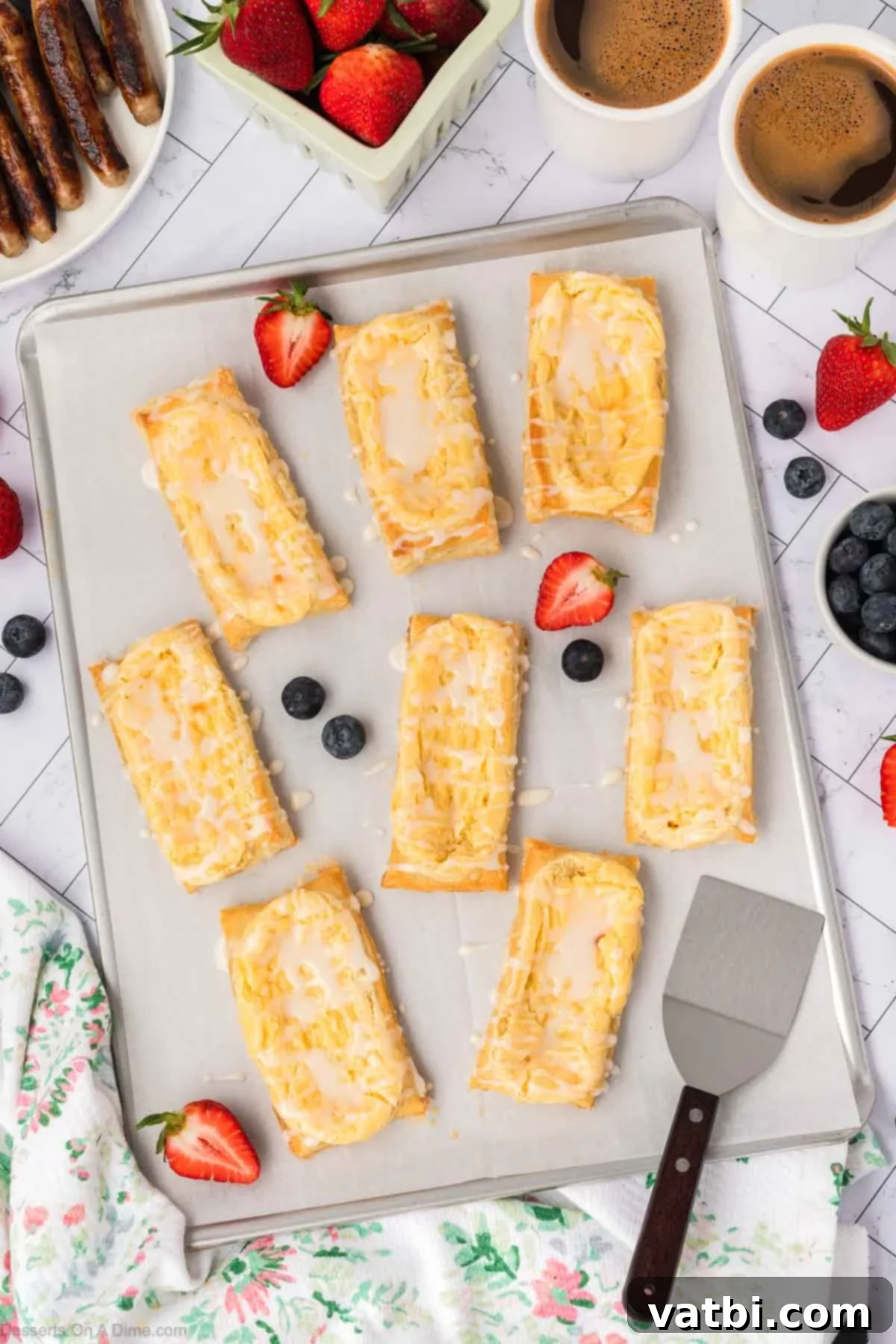 Heavenly Cream Cheese Danish 13 Pastries with glaze on baking sheet.