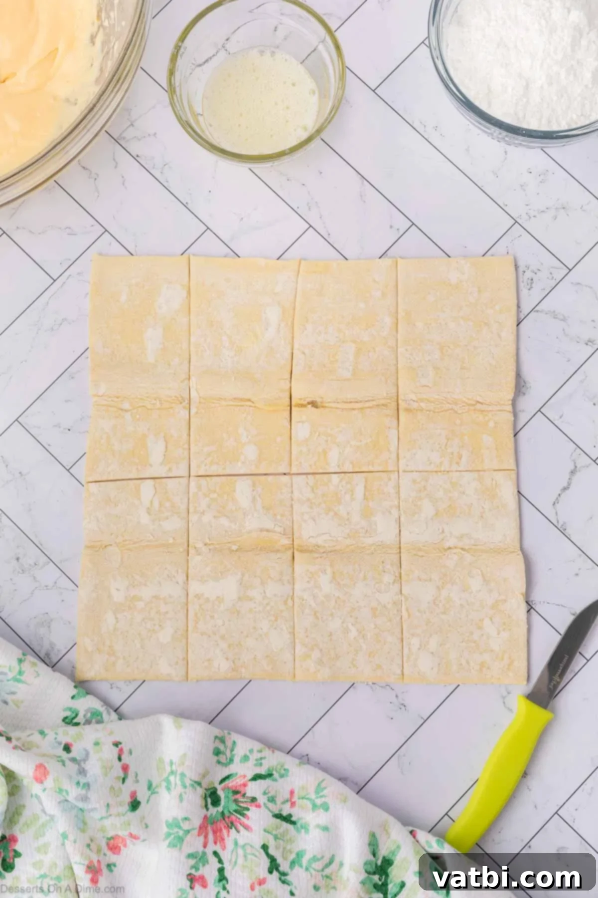 Heavenly Cream Cheese Danish 7 Pastry cut into rectangles.