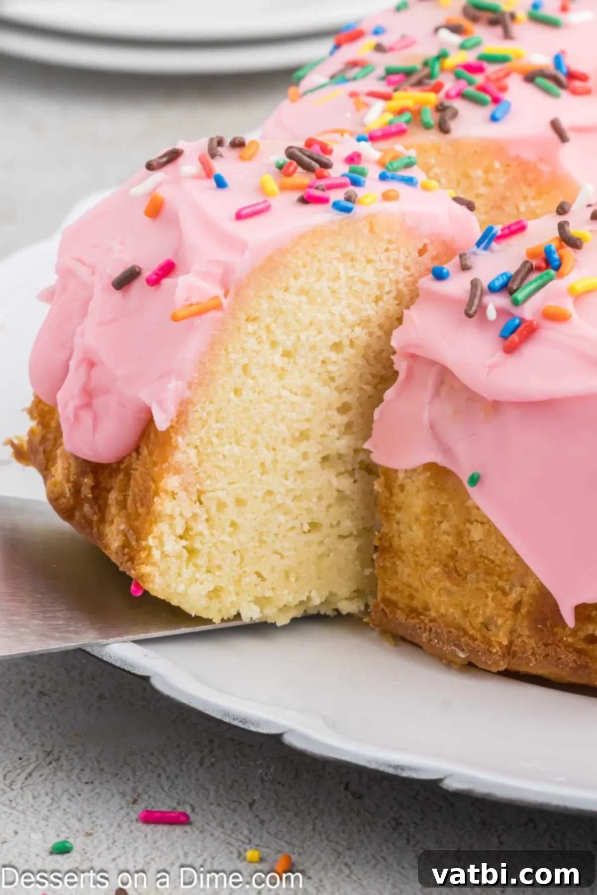 Donut Cake Delight 2 A slice of homemade Donut Cake, soft and fluffy, topped with pink frosting and colorful sprinkles, on a white plate, showcasing its perfect texture.
