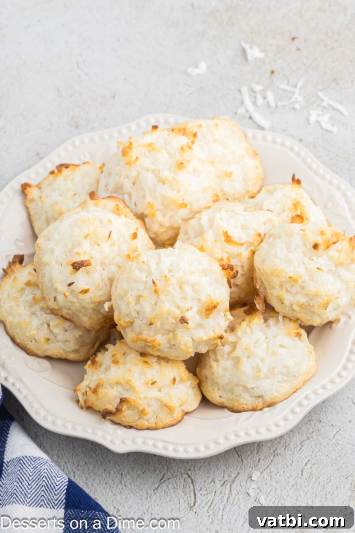 Chewy Coconut Macaroons 2 Macaroon Cookies on a platter.