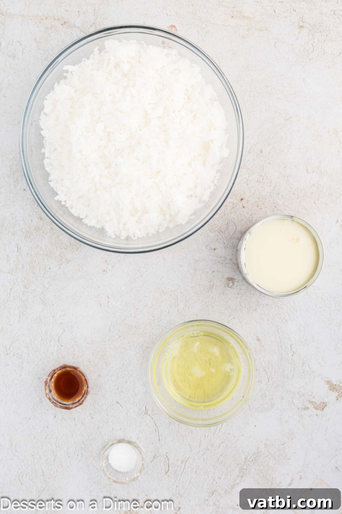 Chewy Coconut Macaroons 3 Ingredients for cookies - shredded coconut, sweetened condensed milk, vanilla, egg whites, salt.