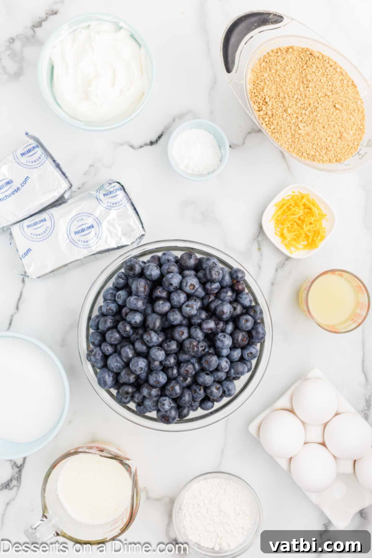 Luscious Lemon Blueberry Cheesecake 3 Ingredients for Lemon Blueberry Cheesecake including graham cracker crumbs, sugar, unsalted butter, cream cheese, sour cream, lemon juice, lemon zest, eggs, and fresh blueberries.