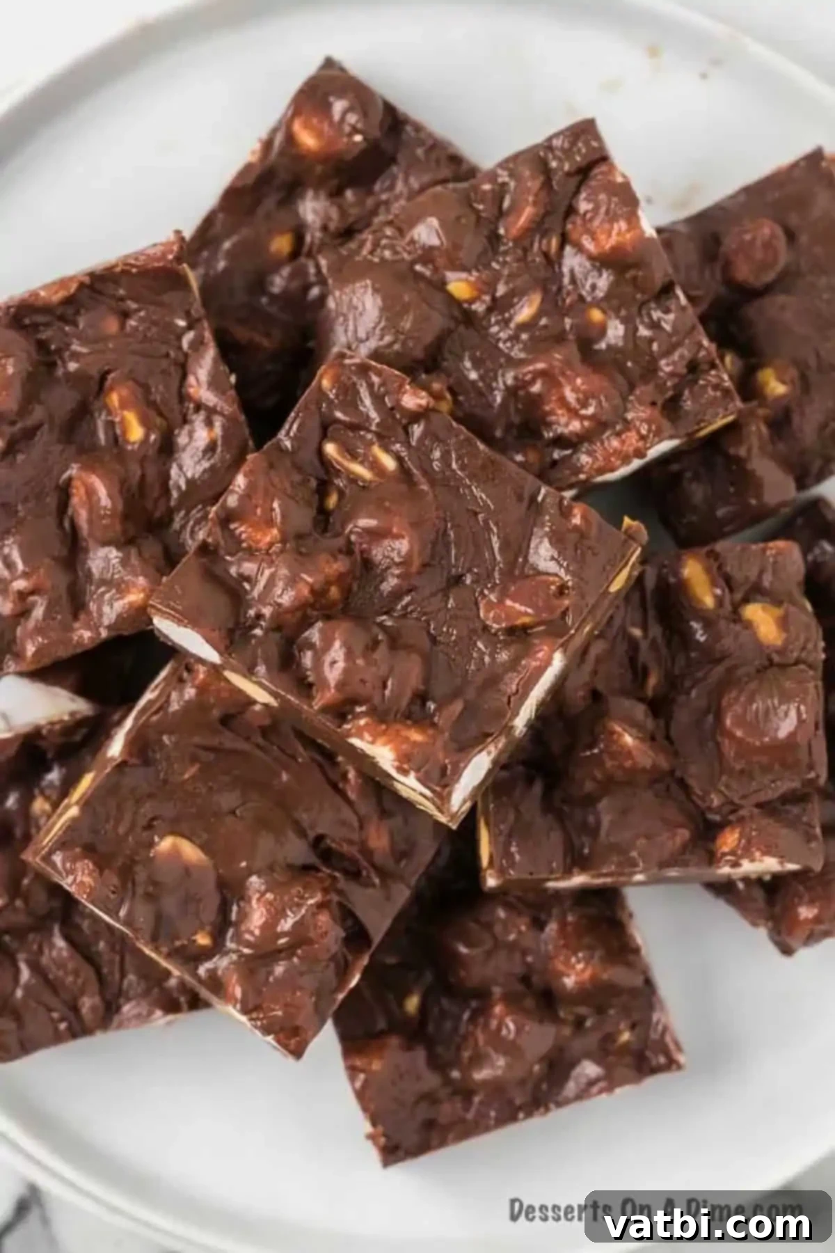 Platter of Rocky Road Fudge cut into slices. 