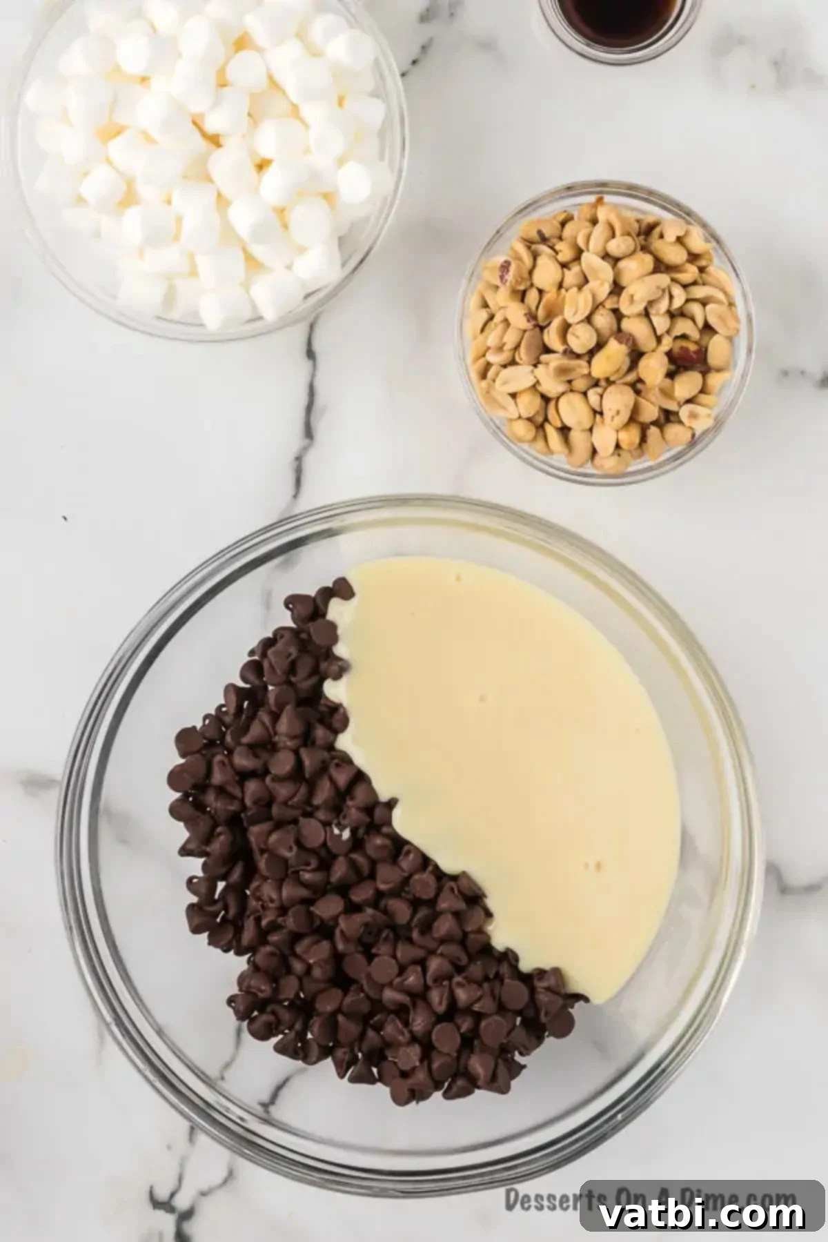Mixing bowl with chocolate and sweetened condensed milk. 