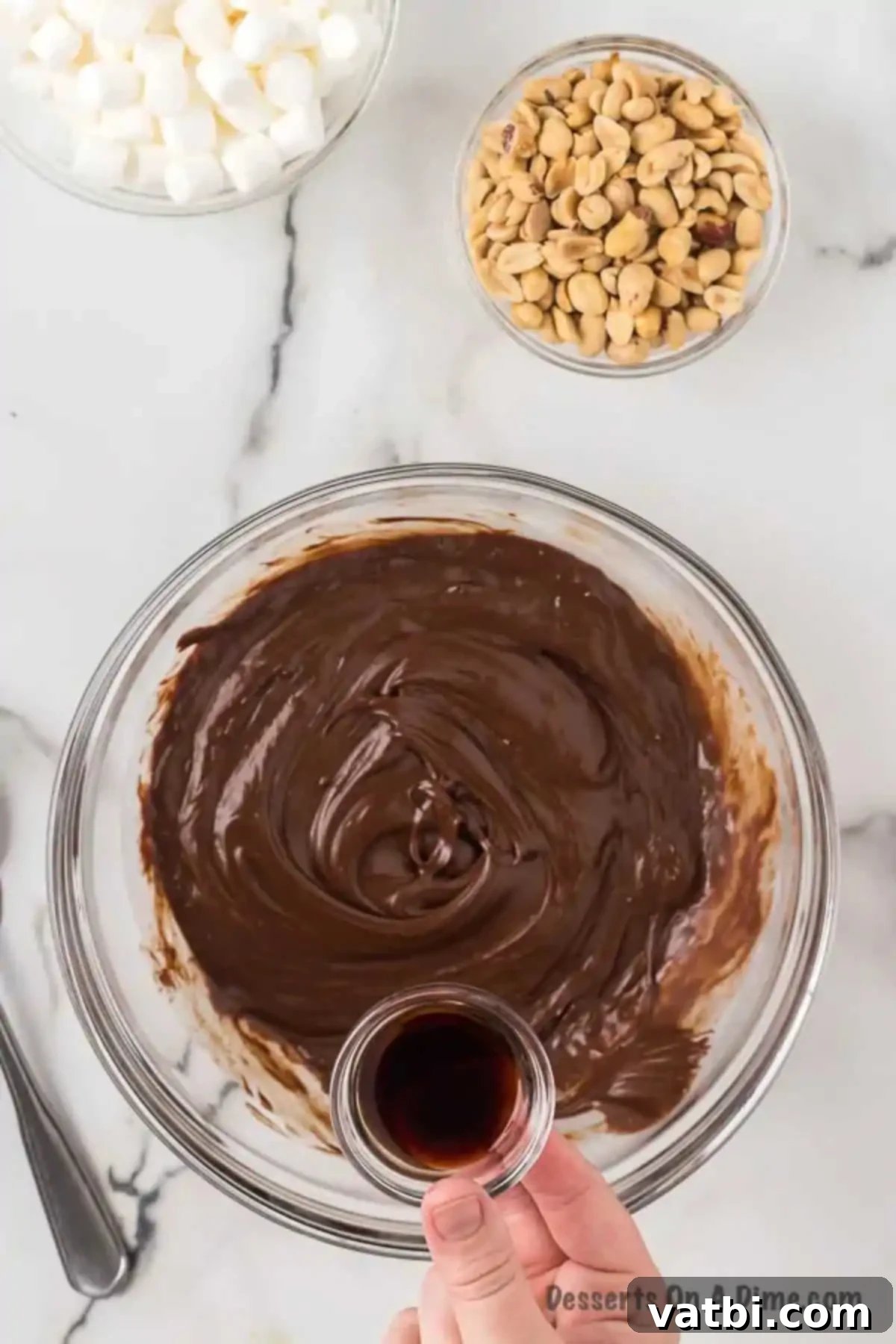 Chocolate mixture combined in a bowl. 