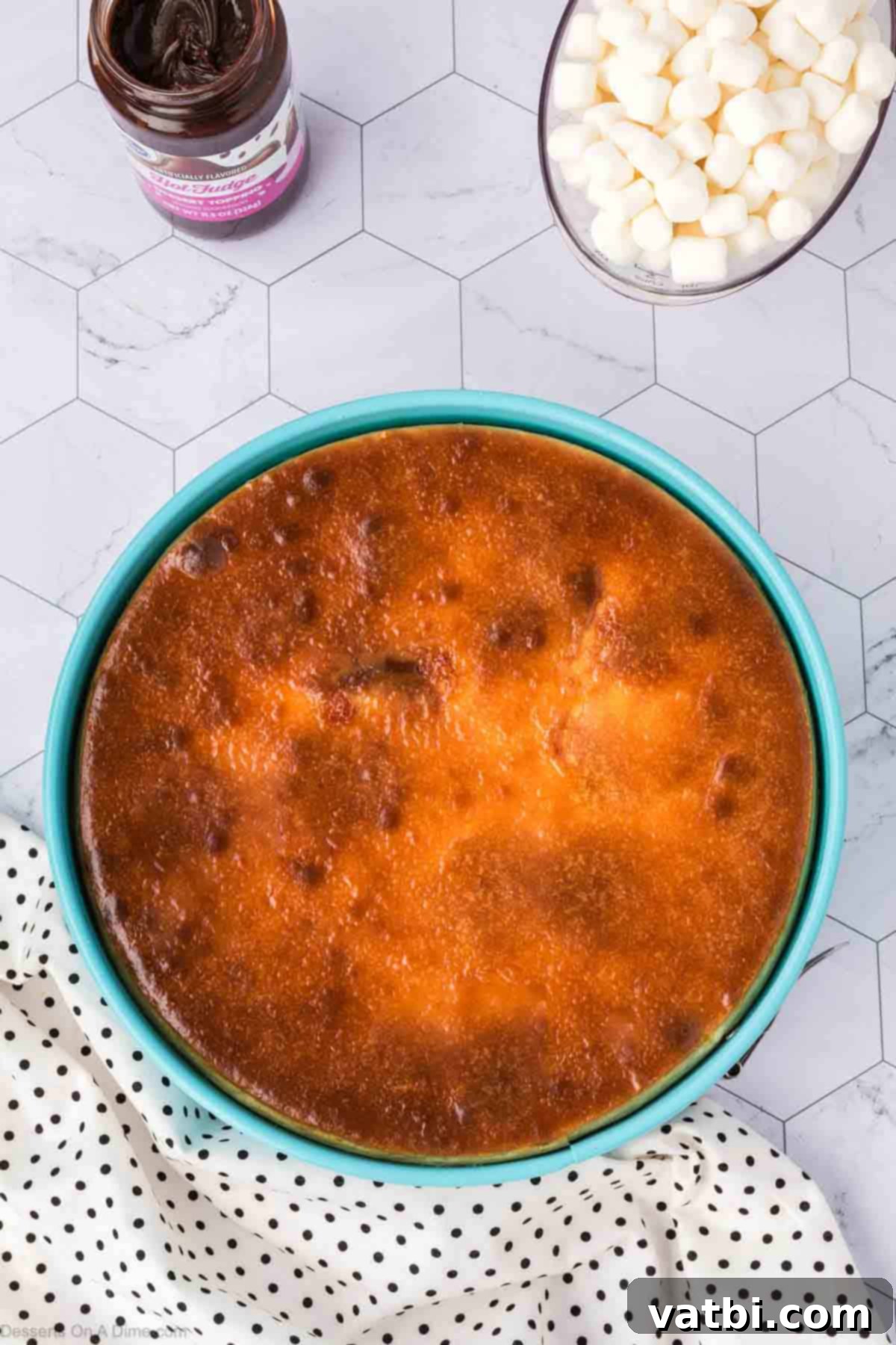 Smores Cheesecake 11 Baked cheesecake cooling in its pan after removal from the oven.