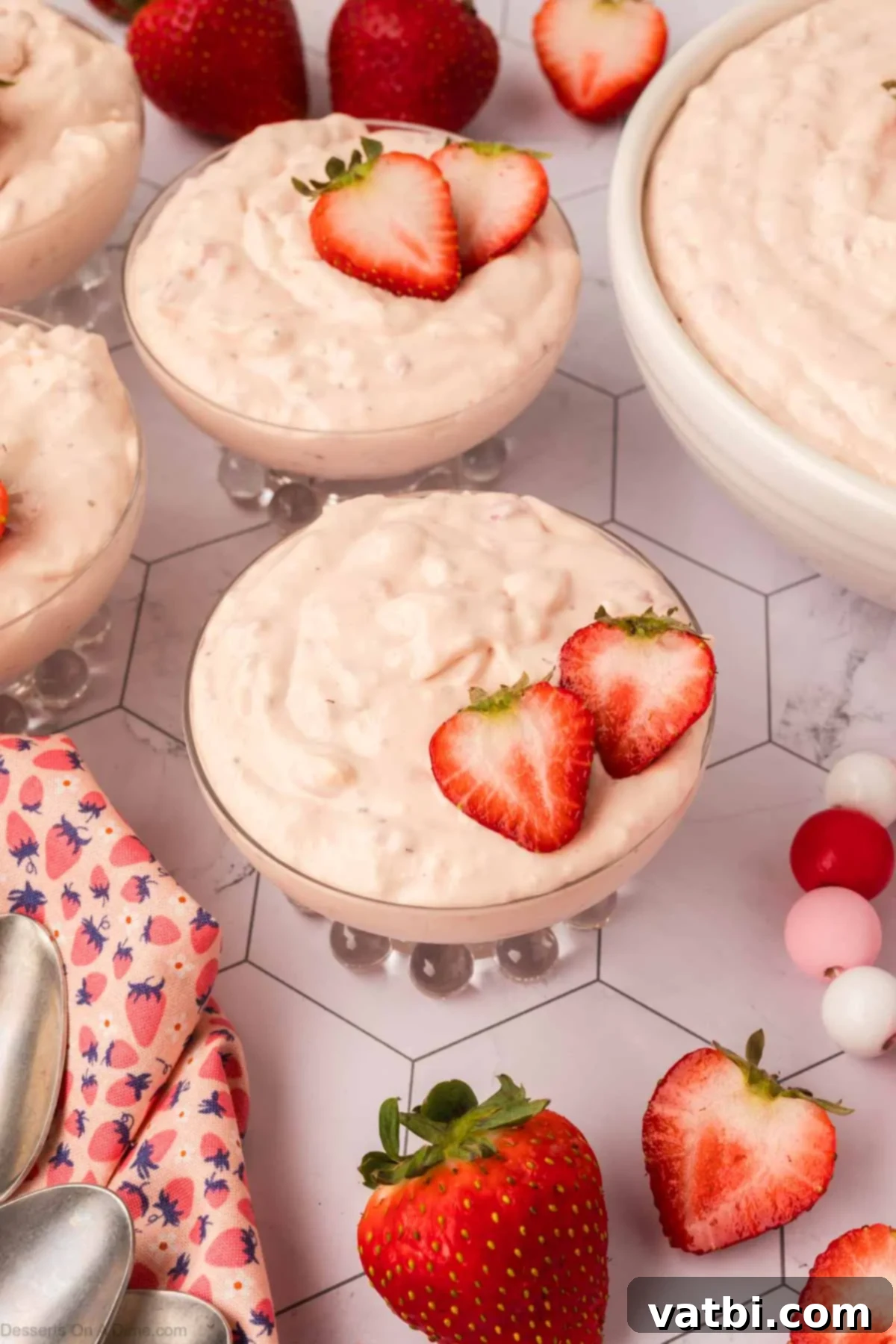 A large bowl filled with creamy, perfectly chilled strawberry cheesecake fluff, ready to be served.