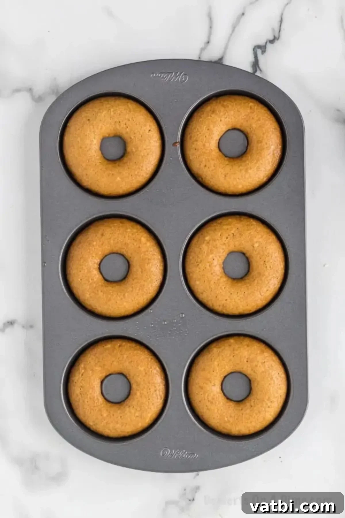 Spiced Apple Cider Baked Doughnuts 8 Donuts in pan cooling.