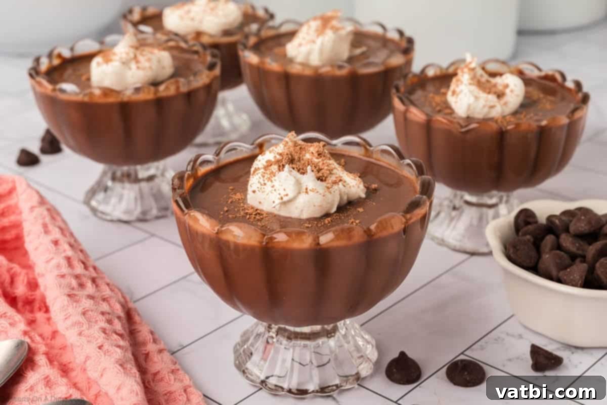 Deep Dark Chocolate Pudding 2 Dark Chocolate pudding in cups with whipped cream.