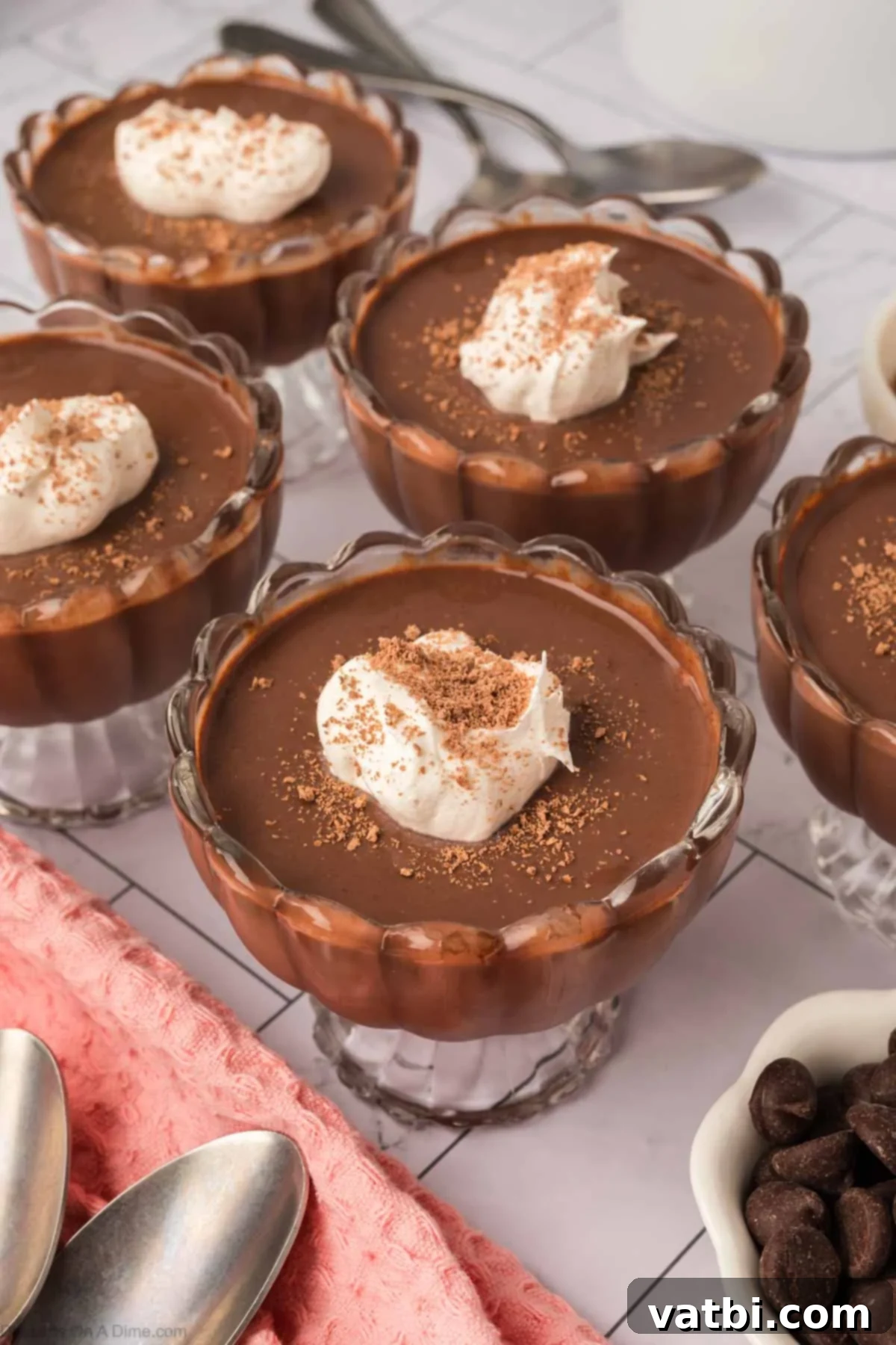Deep Dark Chocolate Pudding 8 Dark Chocolate Pudding in cups with whipped cream.