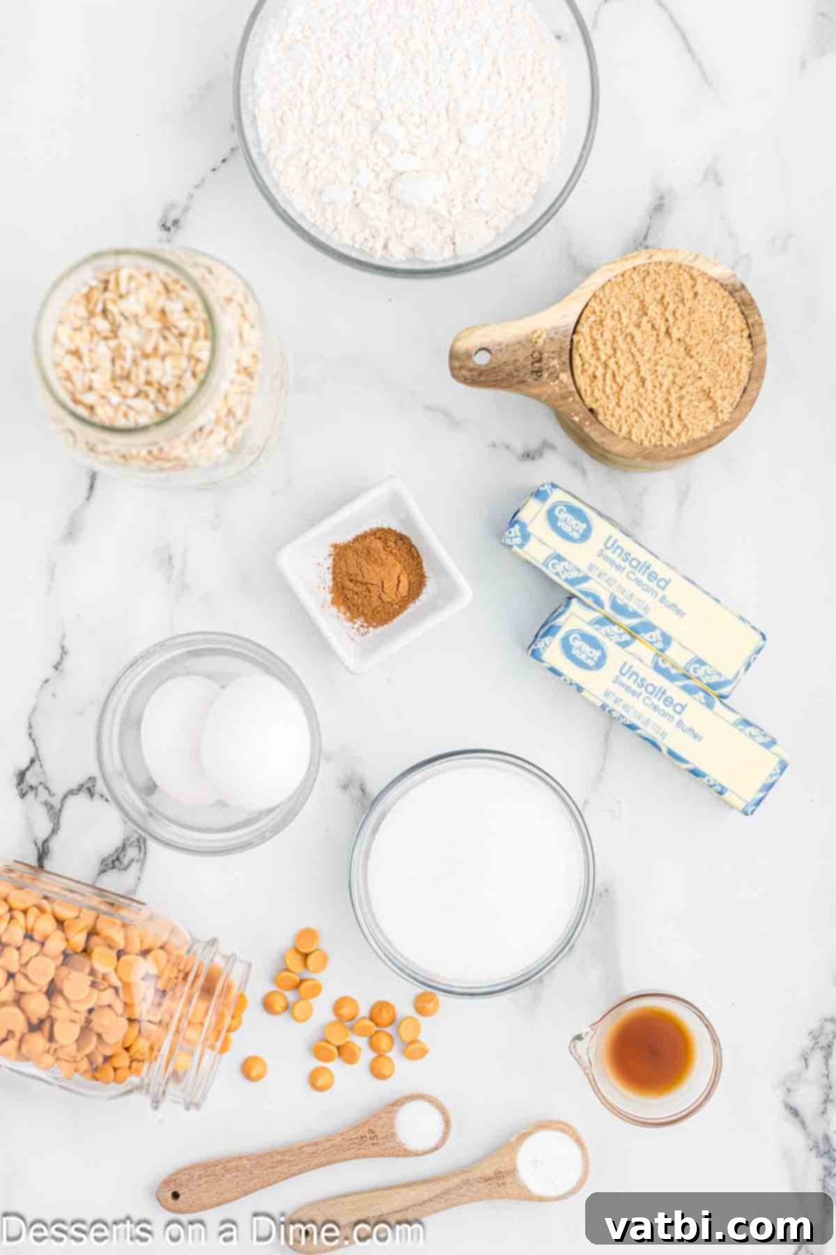 Oatmeal Butterscotch Cookies 2 Ingredients for Oatmeal Scotchies including butter, brown sugar, white sugar, eggs, vanilla, flour, baking soda, salt, cinnamon, oats, and butterscotch chips.